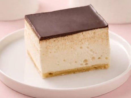 Sponge cake, milk souffle, and chocolate glaze.
