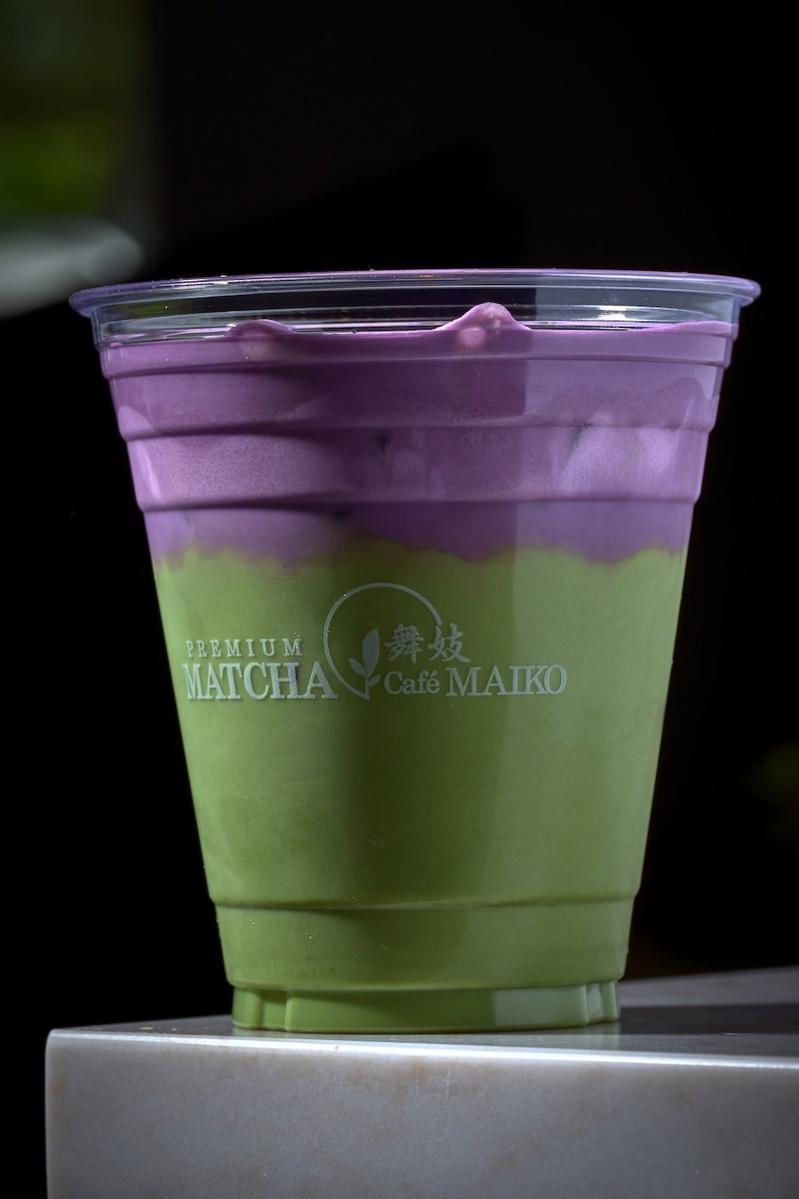 A Matcha Cafe Maiko Matcha latte with Ube foam.