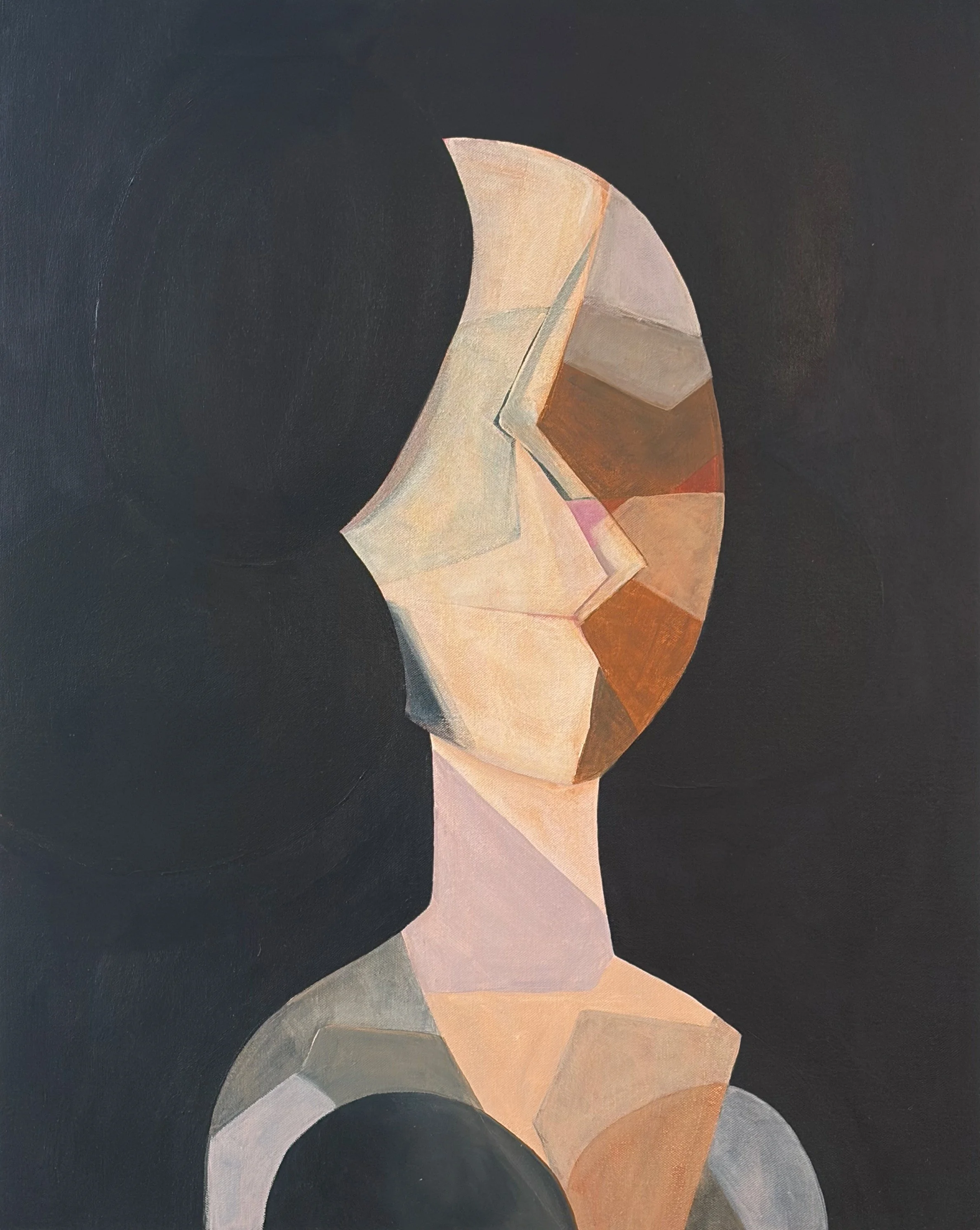 Veiled, 2026, elongated female figure constructed from beige, blush, gray, and brown geometric planes against a dark background, acrylic painting by Rebecca Brey.