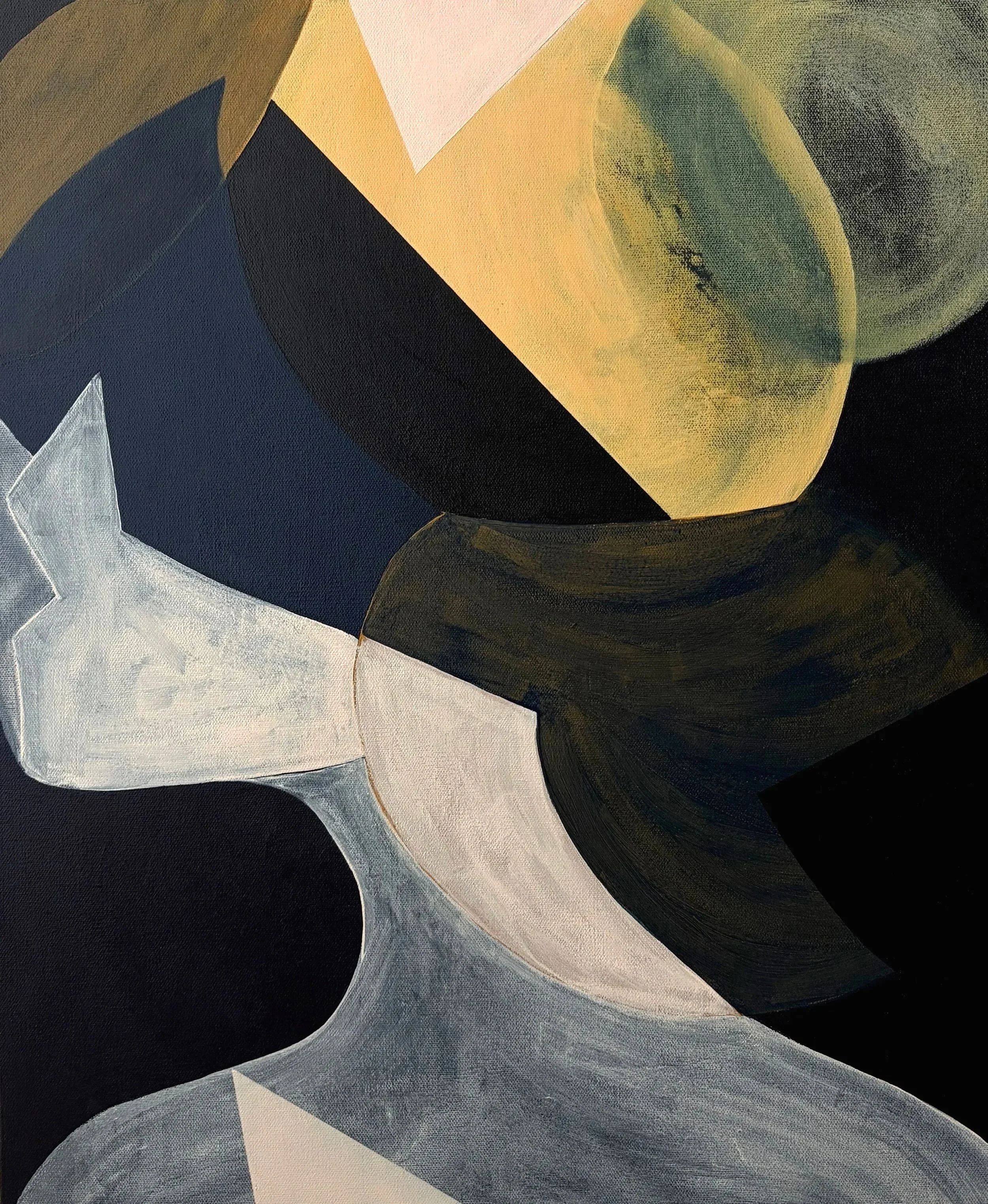 Close-up of a modern abstract painting with geometric shapes and a color palette of black, white, beige, gray, green, and yellow.