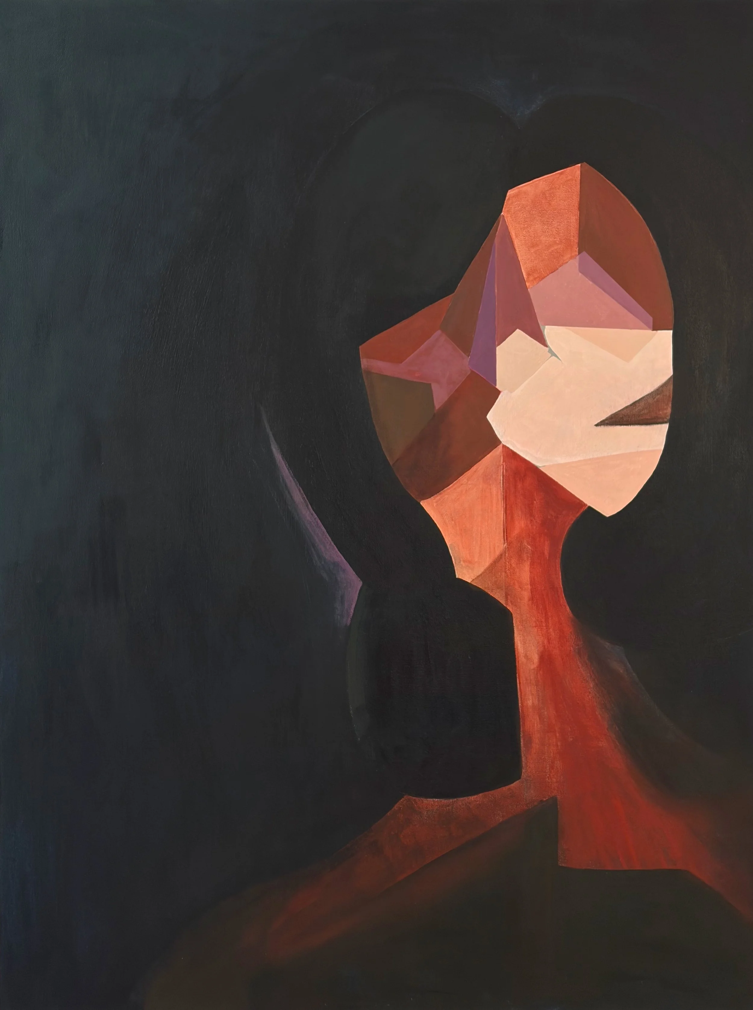 Ascent, 2026, fragmented female figure in rust, red, cream, and violet emerging from a nearly black background, acrylic painting by Rebecca Brey.