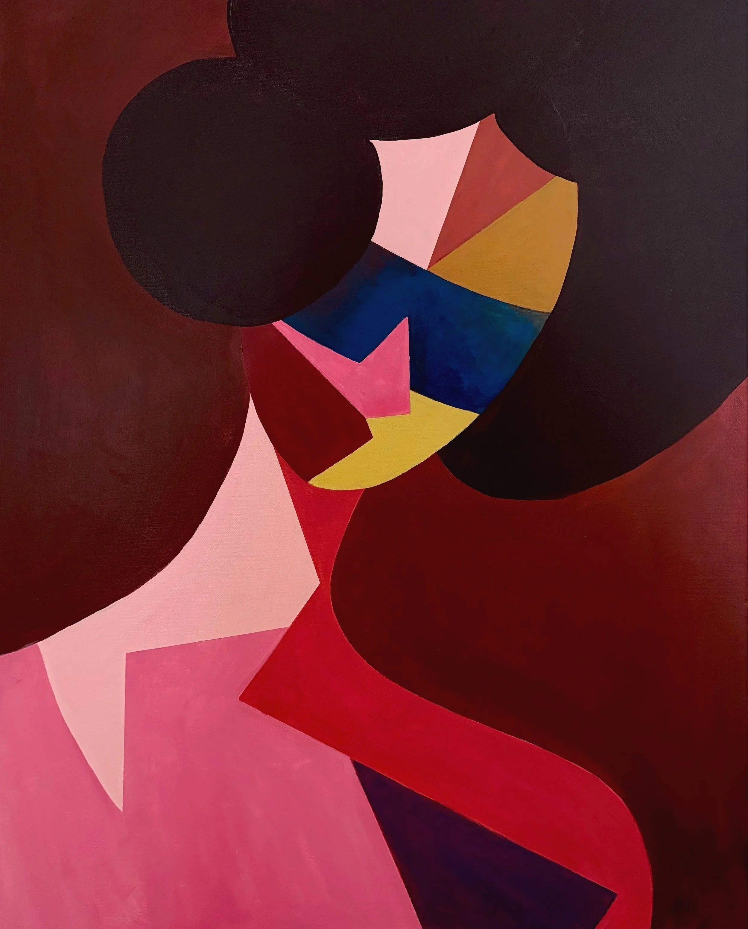 Abstract composition with overlapping dark, pink, red, yellow, blue, and black shapes and curved lines.