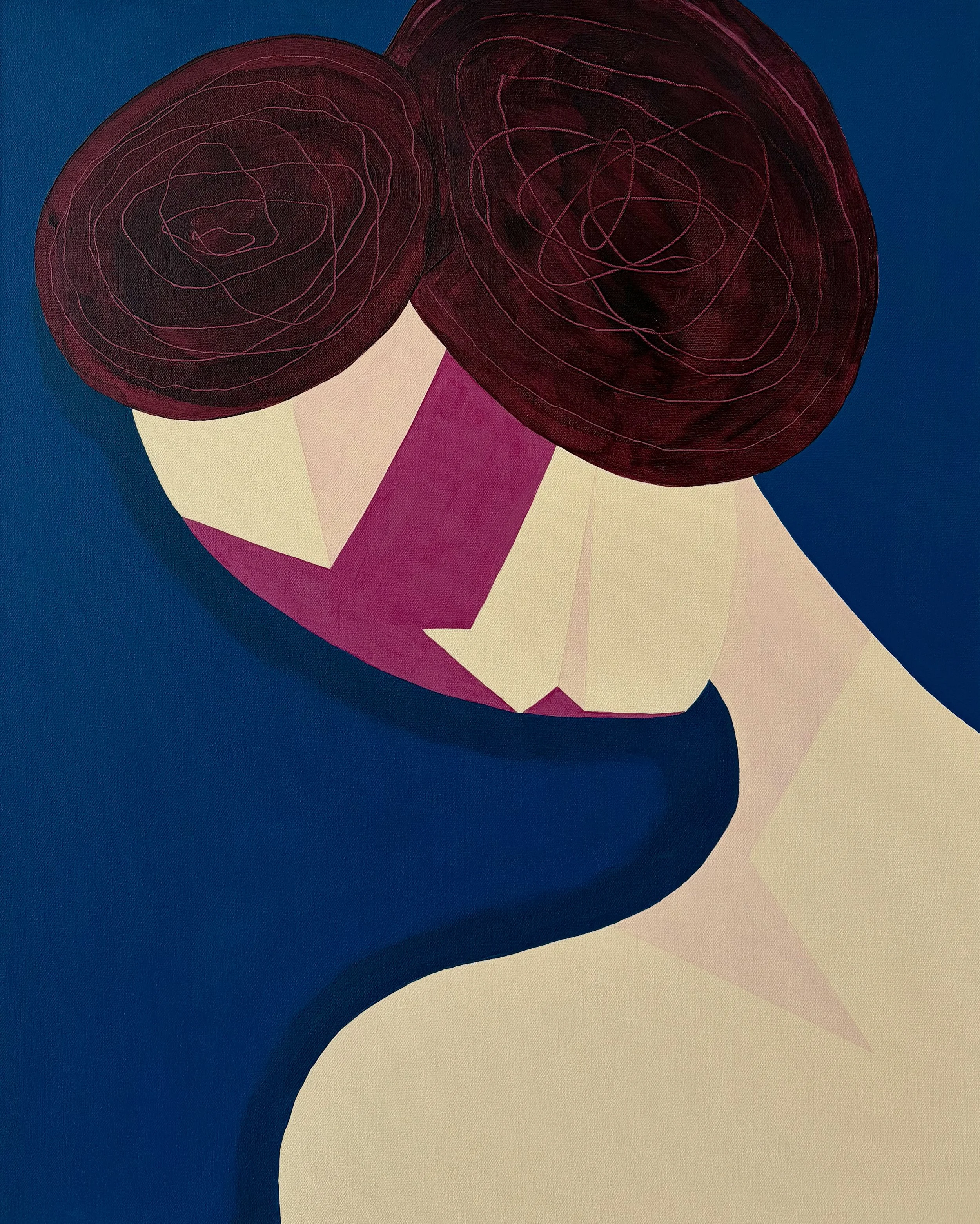 An abstract artwork with two large dark red circular shapes with thin pink lines, set against a blue background with beige and pink geometric shapes.