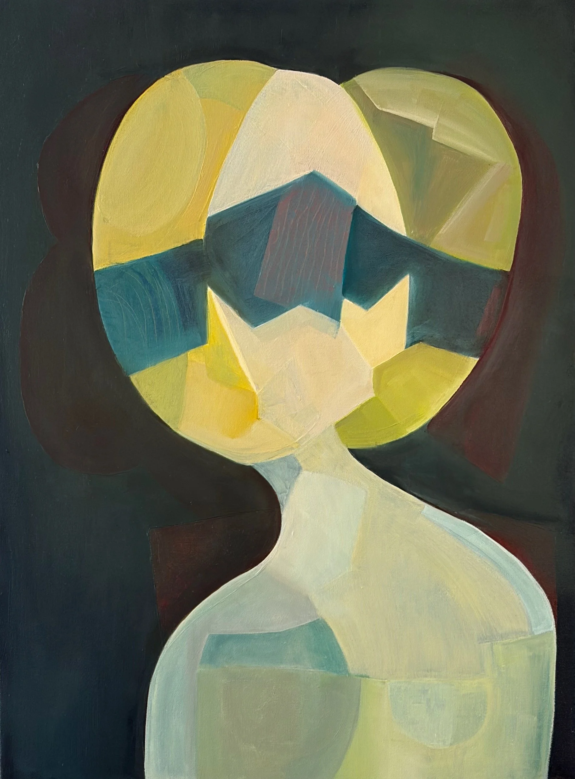 Liminal, 2026, abstract female figure with overlapping faces in yellow, cream, teal, and olive against a dark background, oil and acrylic painting by Rebecca Brey.