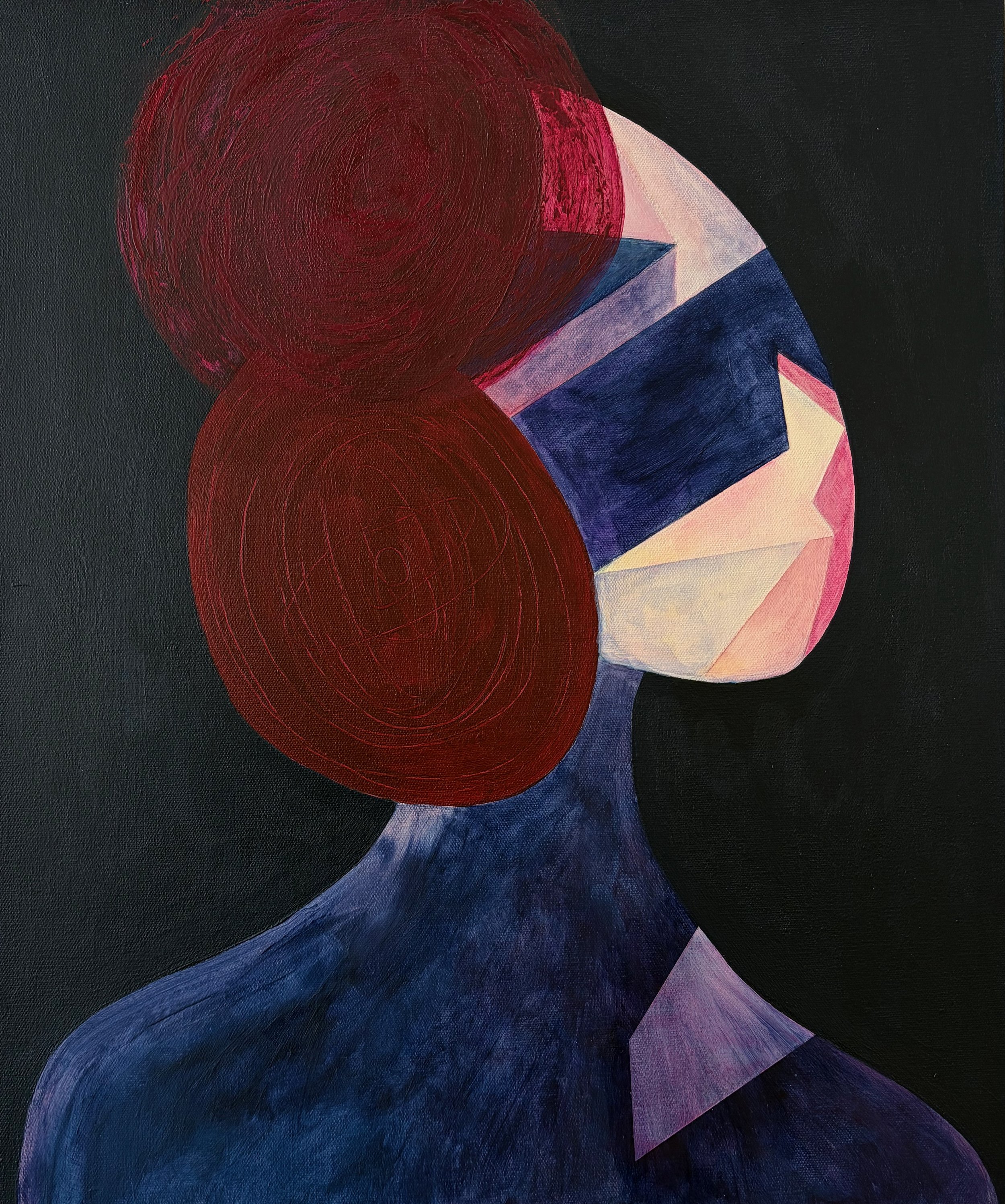 Abstract painting with large red circles, shades of blue and purple, and geometric shapes on a dark background.