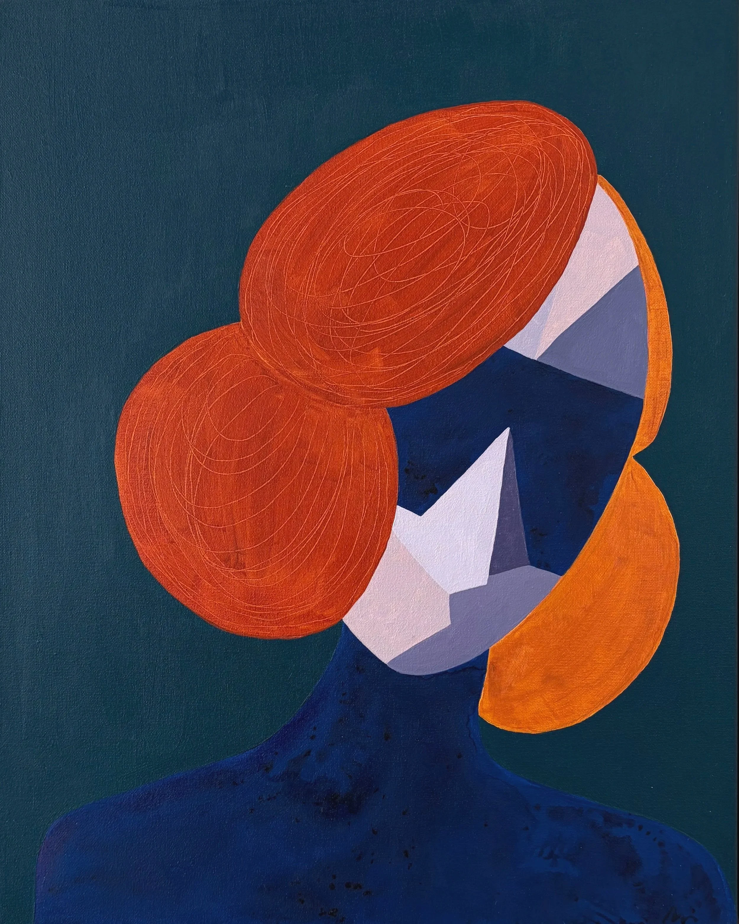 Abstract painting with large red circular shapes, some with detailed line patterns, on a dark blue and orange background with some black speckles.