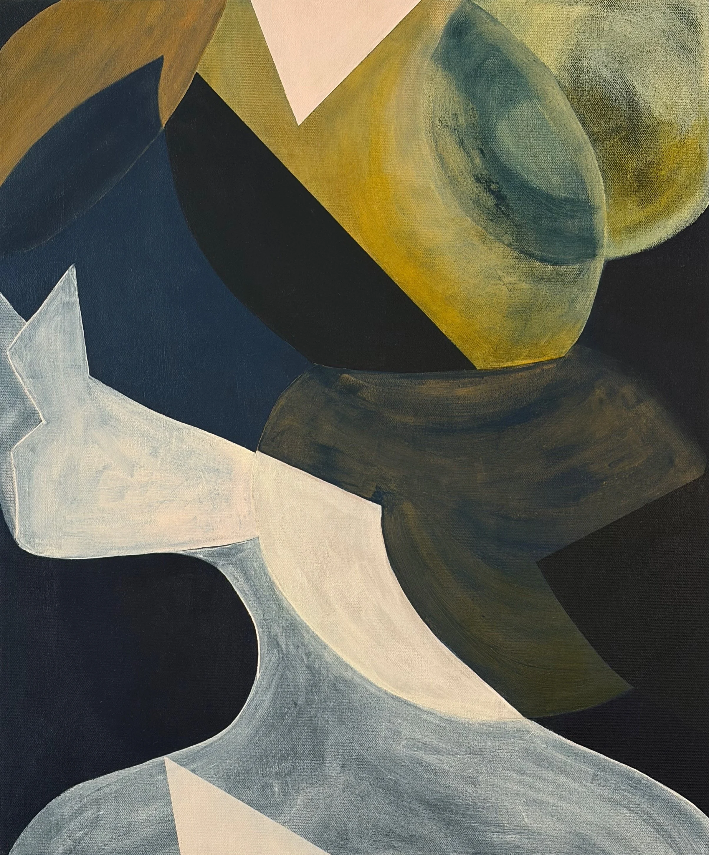 Interruption, 2026, pale fragmented female figure beneath overlapping olive, yellow, navy, and black geometric forms, oil and acrylic painting by Rebecca Brey