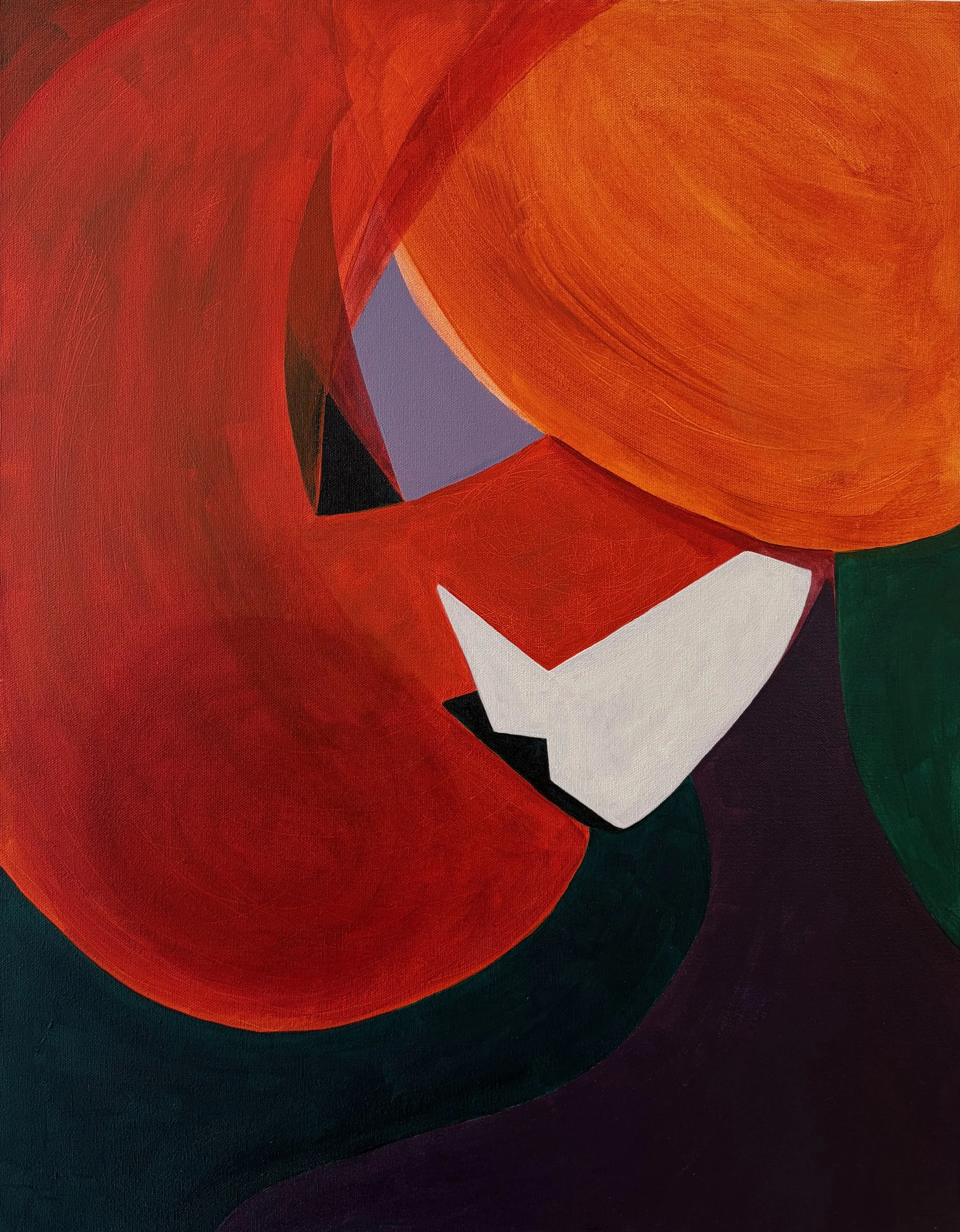 An abstract painting with large orange and red swirling shapes, and accents of black, purple, and green.