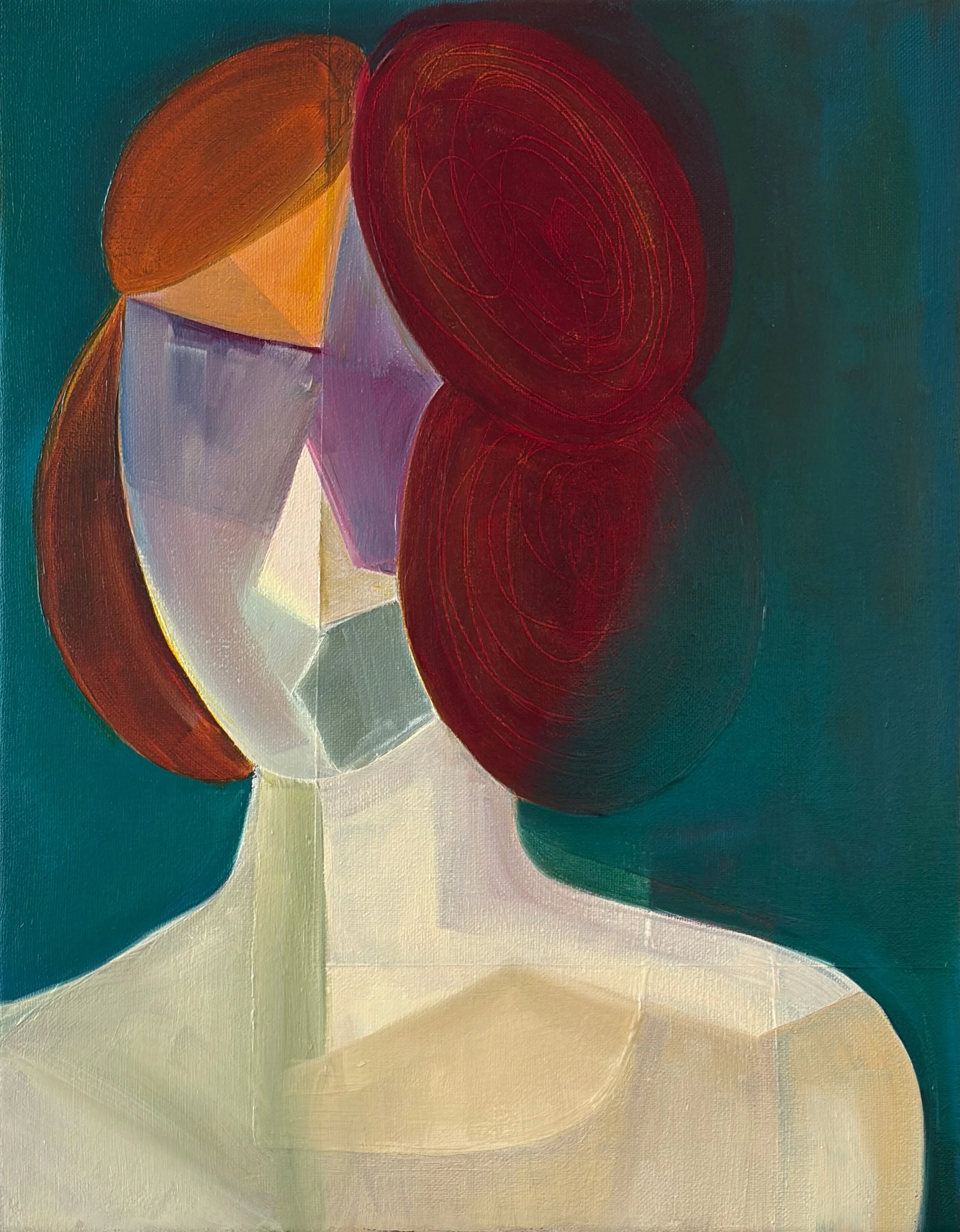 Elsewhere, 2026, fragmented female figure in cream, teal, burgundy, and orange with rounded forms merging into the background, oil and acrylic painting by Rebecca Brey.