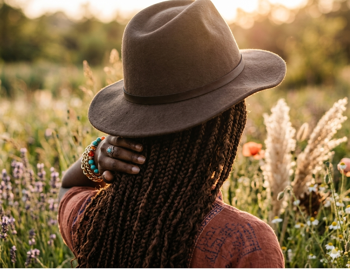 Person with braided hair wearing a brown hat, standing in a field of wildflowers during sunset.