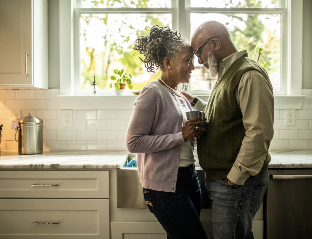 An elderly couple stands in a kitchen, smiling and touching foreheads, with the woman holding a mug.