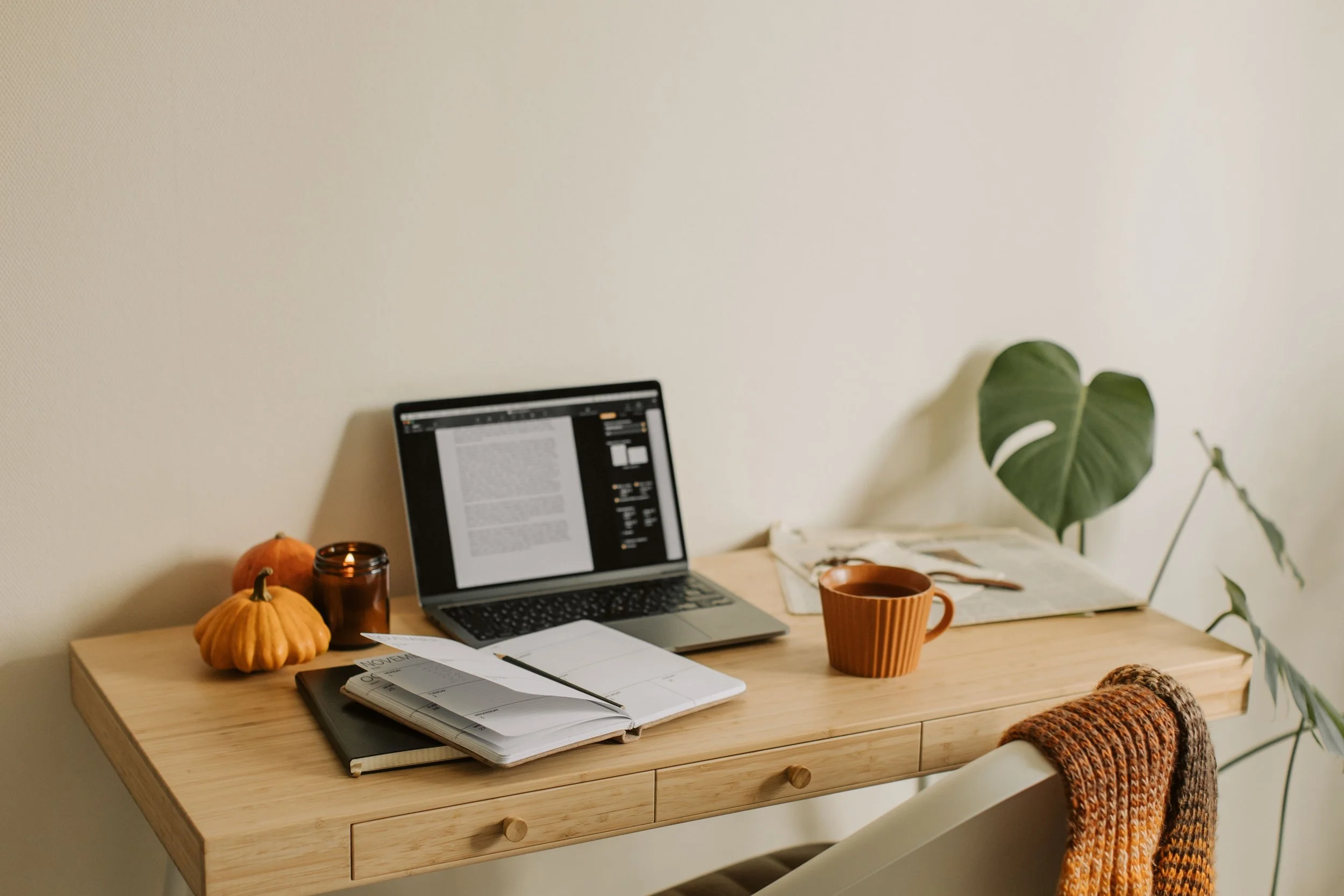 A wooden desk with an open planner, a laptop, a pumpkin, a brown mug, and some papers. A large green leafy plant is on the right side of the wall behind the desk.