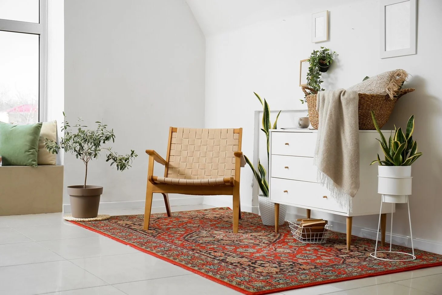 Modern living room corner with white walls, a red patterned rug, a beige armchair, potted plants, a white dresser with decor, and framed artwork.