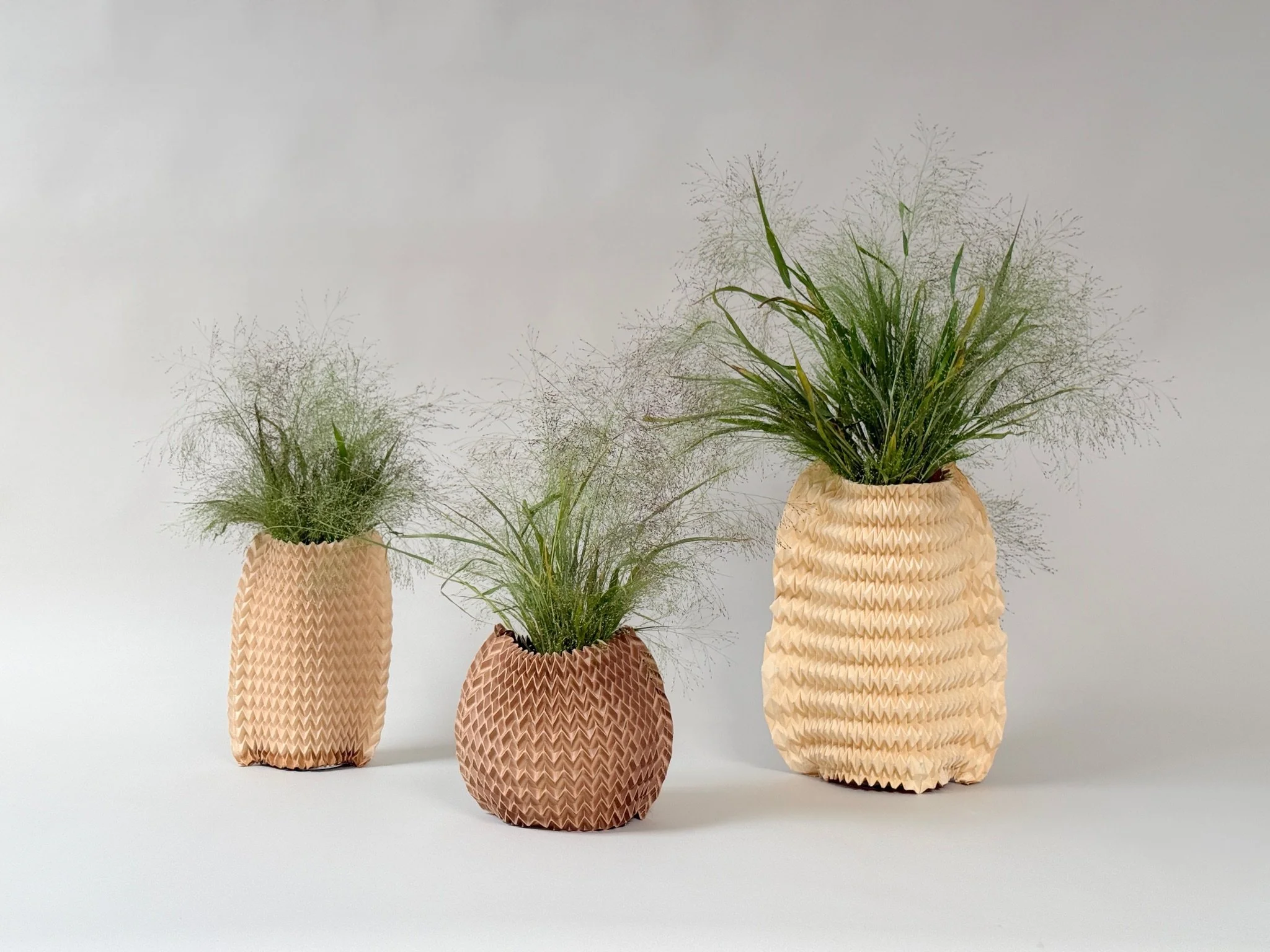Three Pleated Paper Vase Sleeves by Kept LA in small and medium  sizes styled with green grass botanicals showing use as standalone  vase covers in a grouped tabletop arrangement