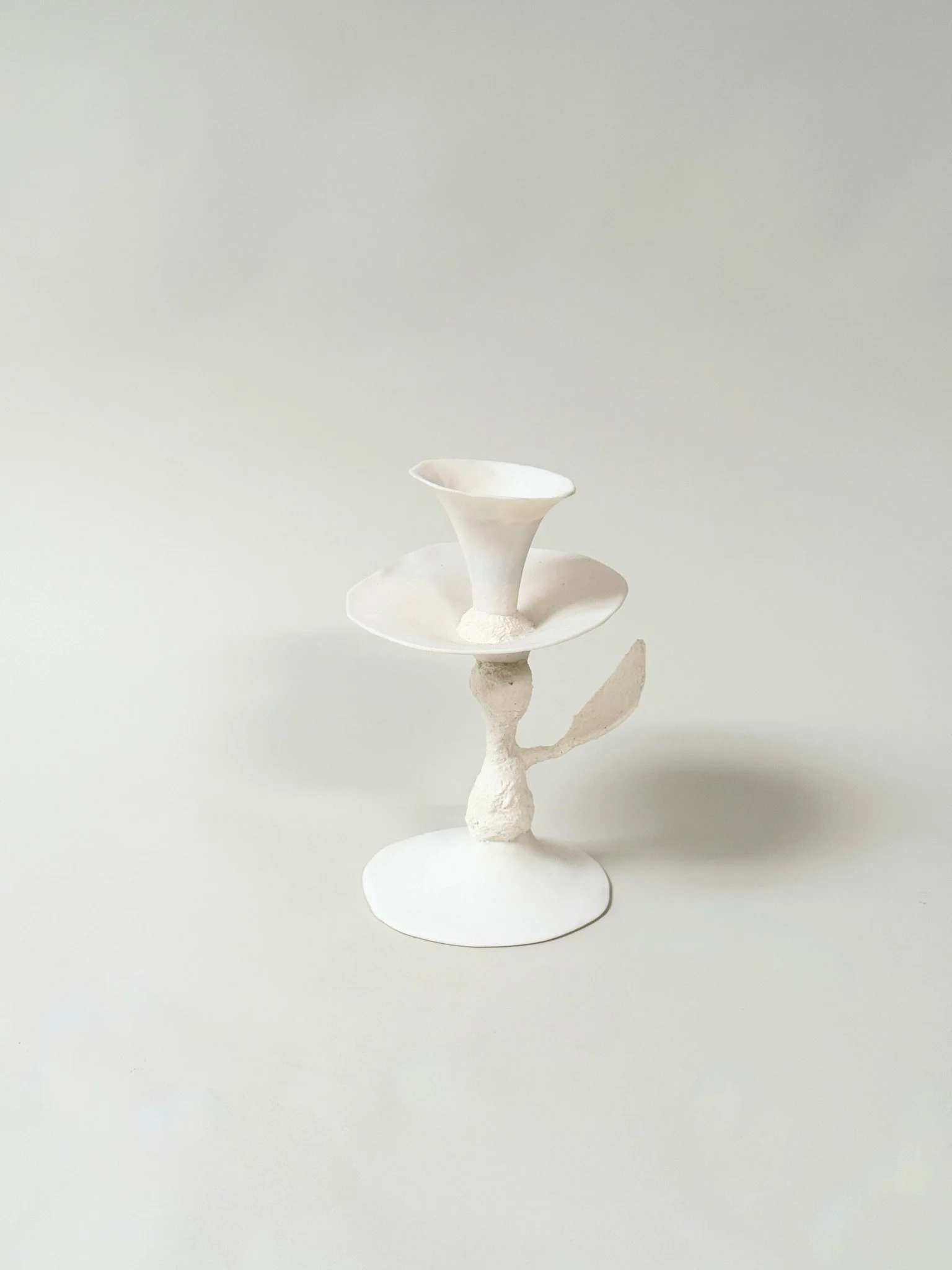 Single Handmade Porcelain Candlestick Vessel by Kept LA showing  double-cup form — upper cup holds water for a single stem or  taper candle, hand-cast mixed media construction each unique