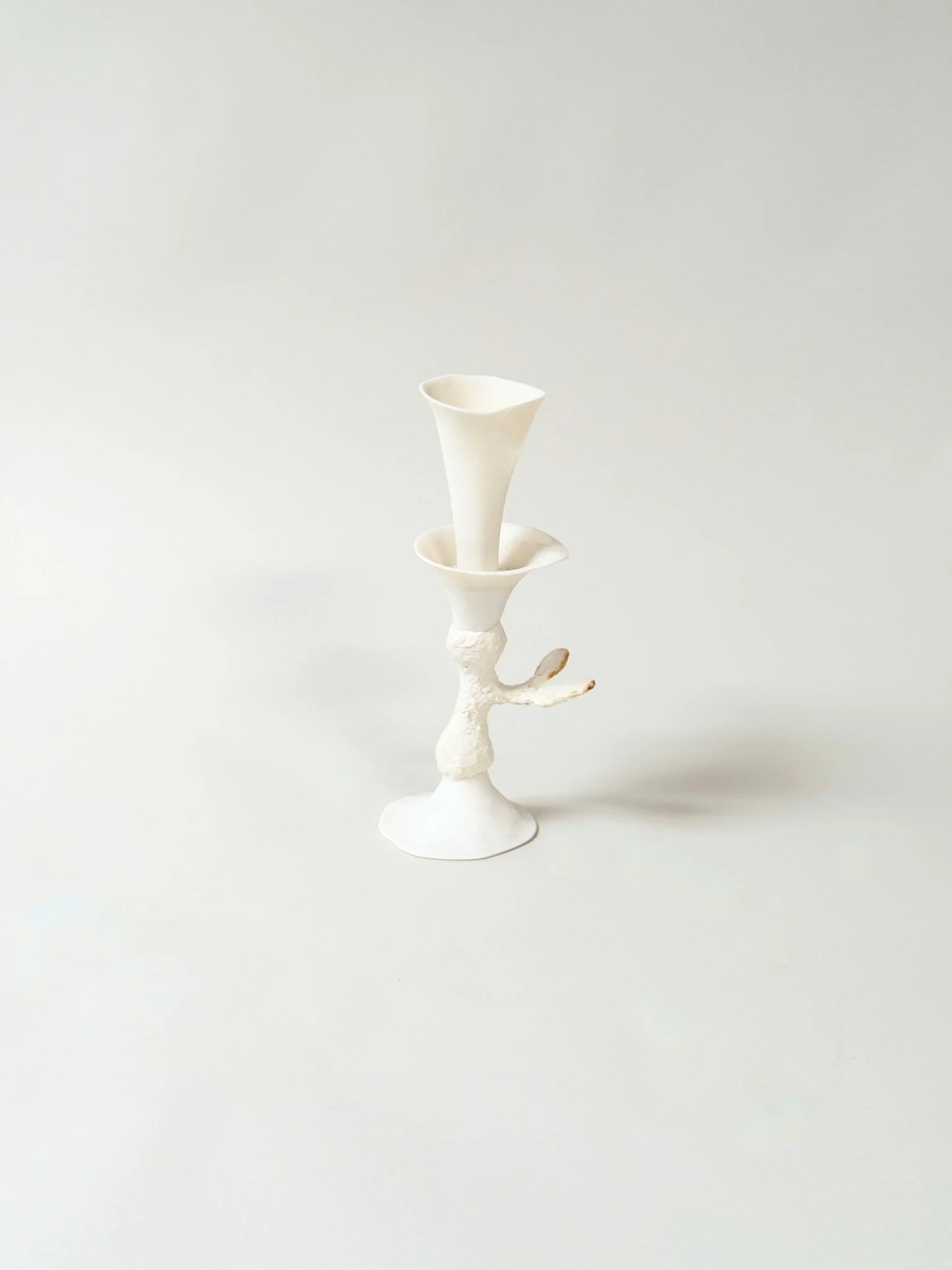 Single Handmade Porcelain Candlestick Vessel by Kept LA showing  double-cup form — upper cup holds water for a single stem or  taper candle, hand-cast mixed media construction each unique