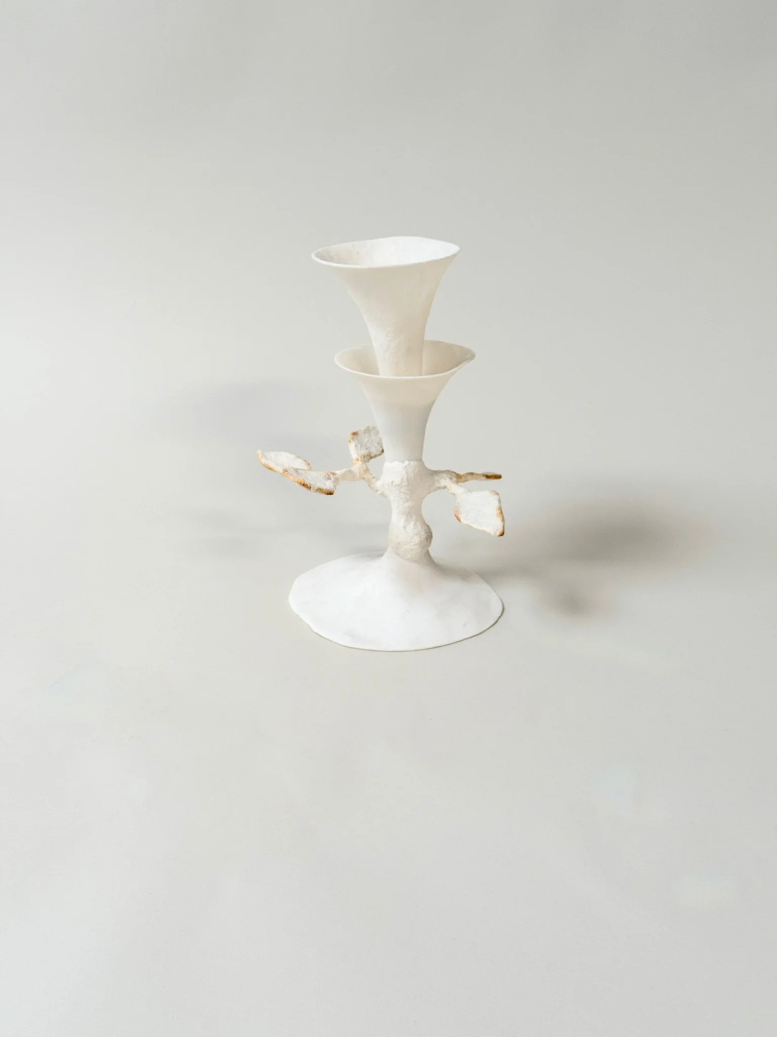 Single Handmade Porcelain Candlestick Vessel by Kept LA showing  double-cup form — upper cup holds water for a single stem or  taper candle, hand-cast mixed media construction each unique