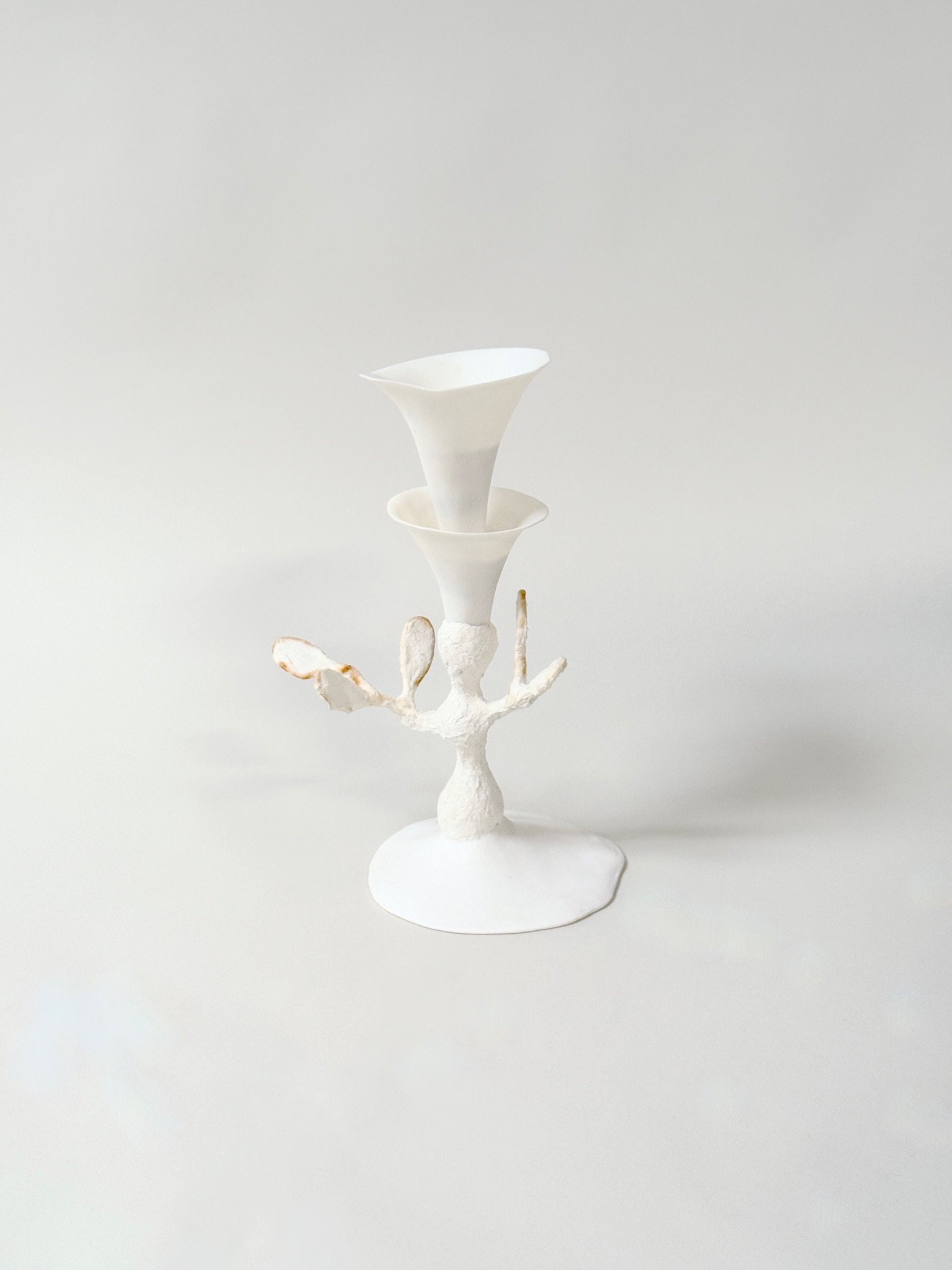 Single Handmade Porcelain Candlestick Vessel by Kept LA showing  double-cup form — upper cup holds water for a single stem or  taper candle, hand-cast mixed media construction each unique