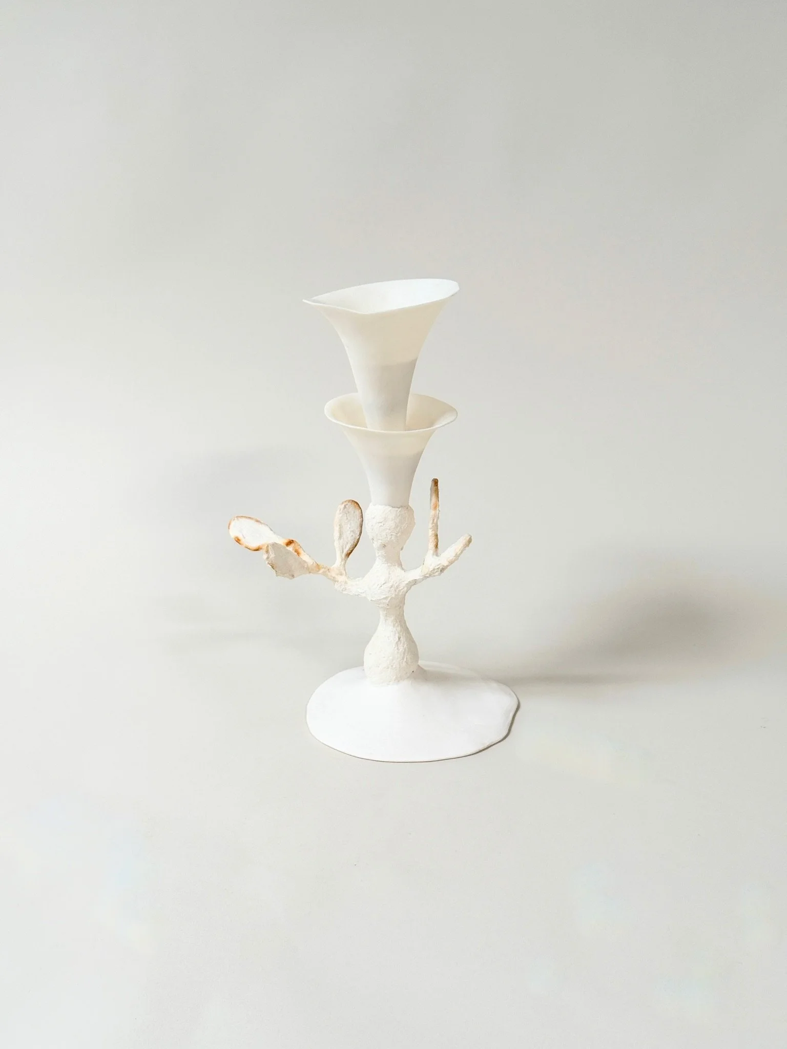 Single Handmade Porcelain Candlestick Vessel by Kept LA showing  double-cup form — upper cup holds water for a single stem or  taper candle, hand-cast mixed media construction each unique