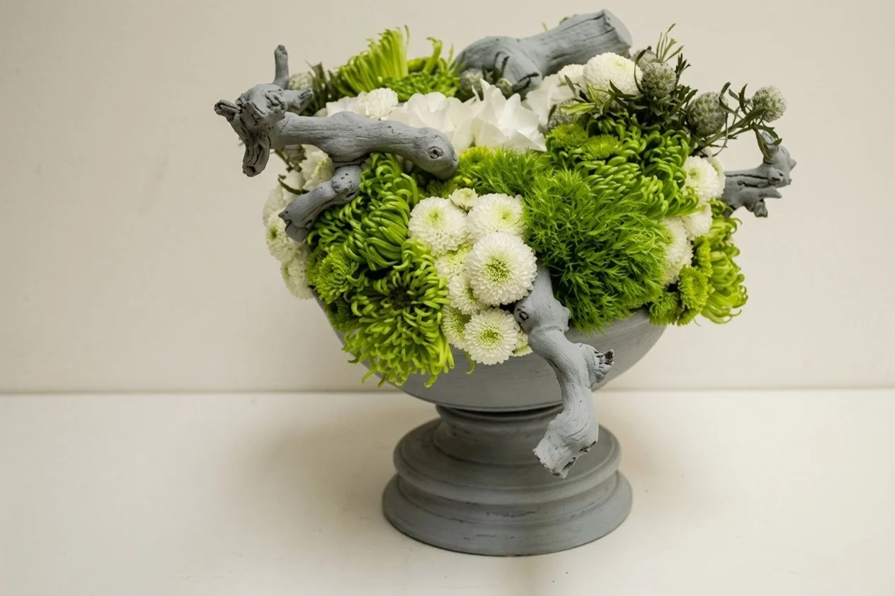 grayed wood with green and white floral