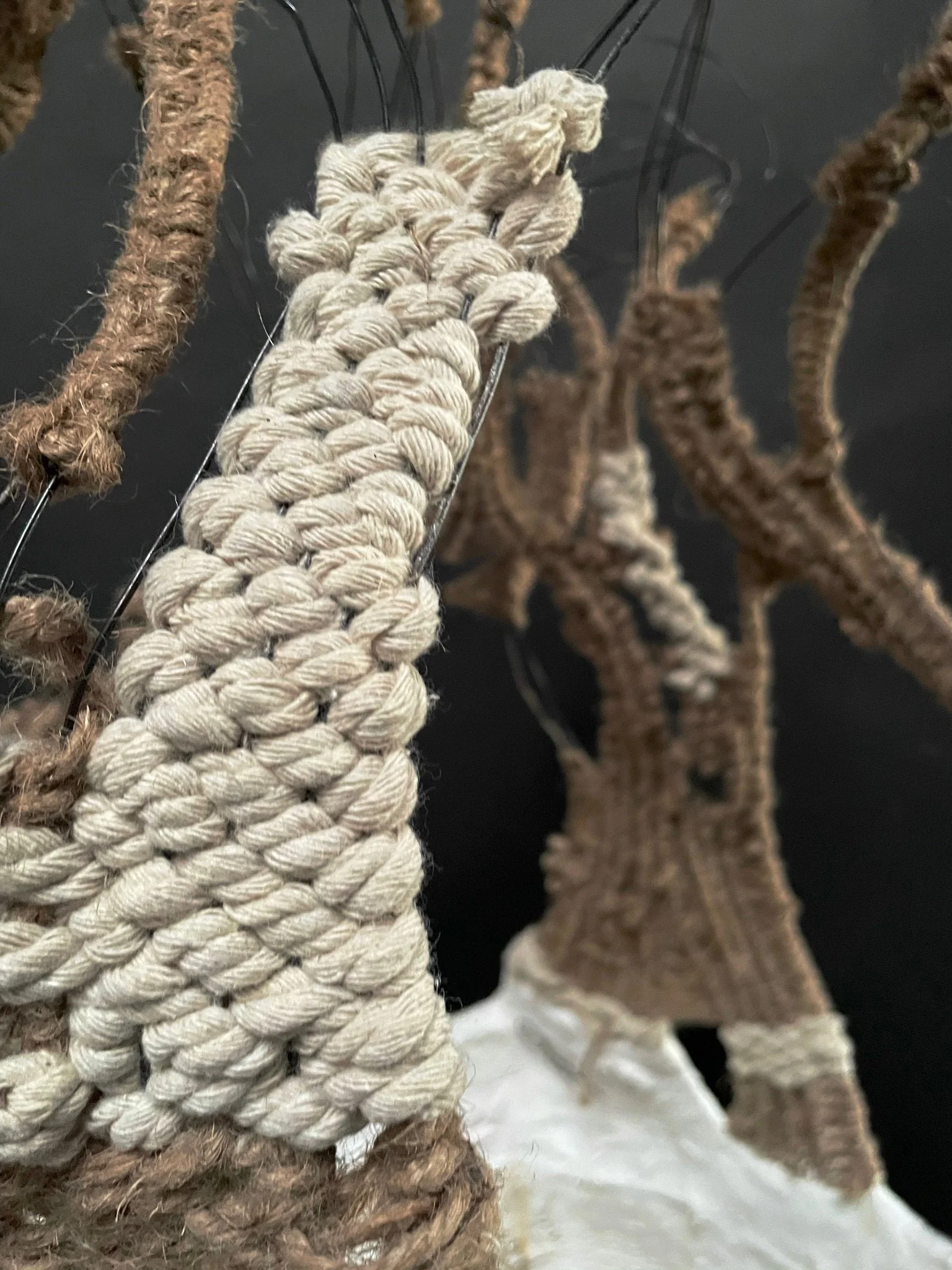 Close detail of thick cotton cord wrapping on Weave and Plaster  Basket by Kept LA showing hand-knotted texture and wire armature