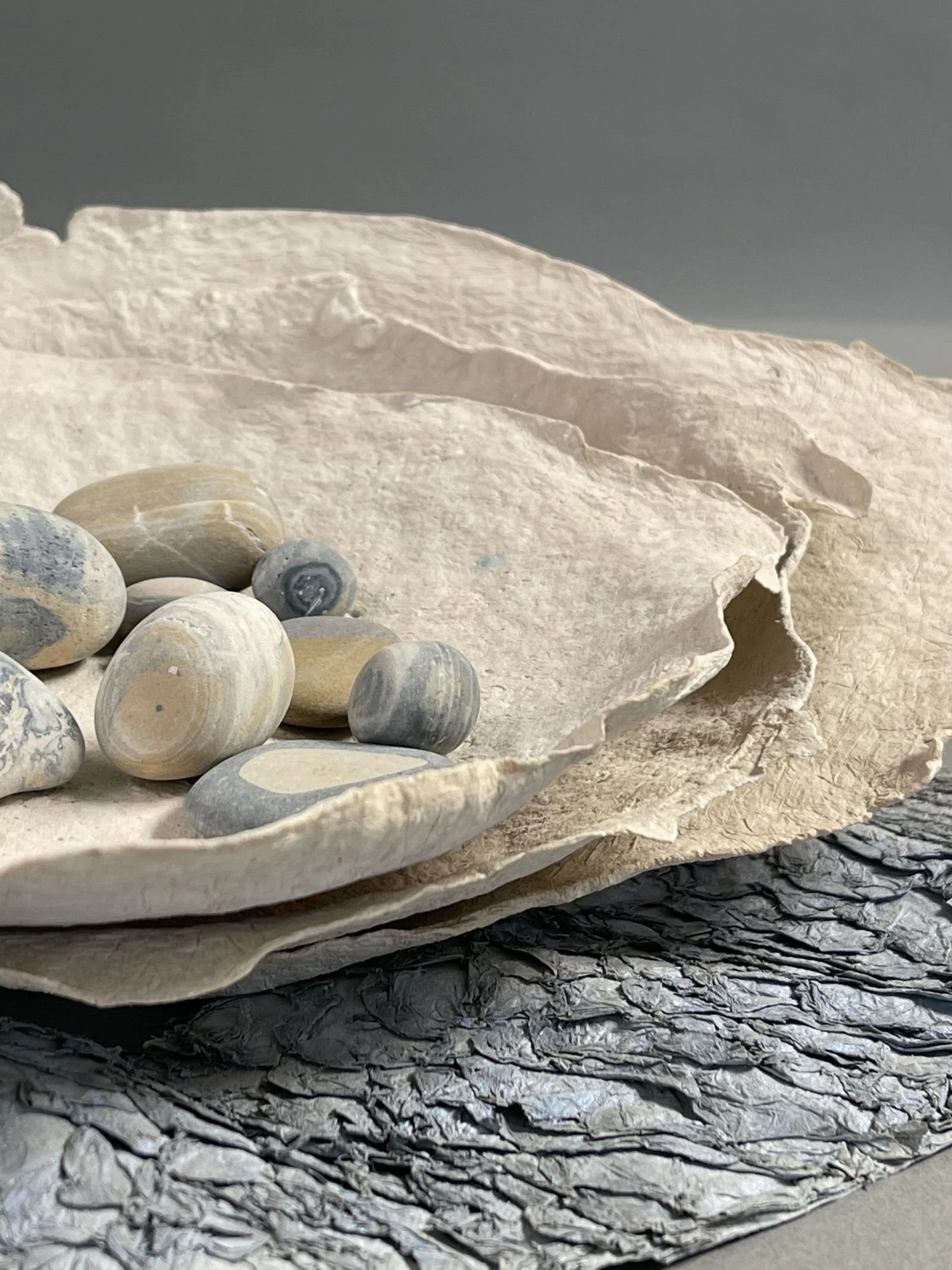 sea stones, paper and fish leather