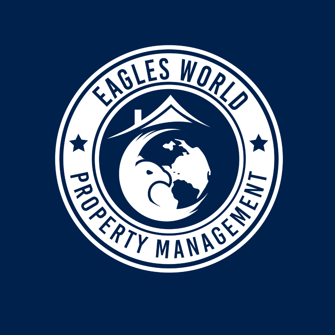 Eagles World Property Management logo featuring a circular emblem with an eagle, a globe, and a tent, on a navy blue background.