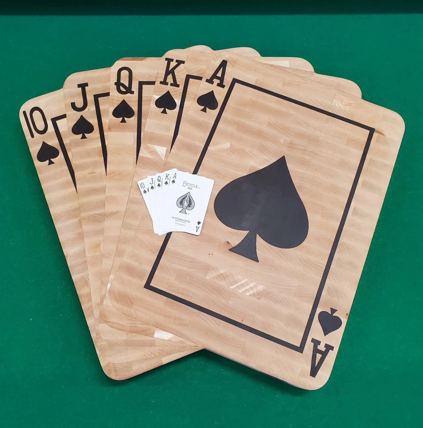 This board is 2 sided with spades on one side and hearts on the other. Made with maple, wenge and bloodwood. This was one project that I wish I had a CNC router but since I do not I was left to inlay every spade/heart by hand.