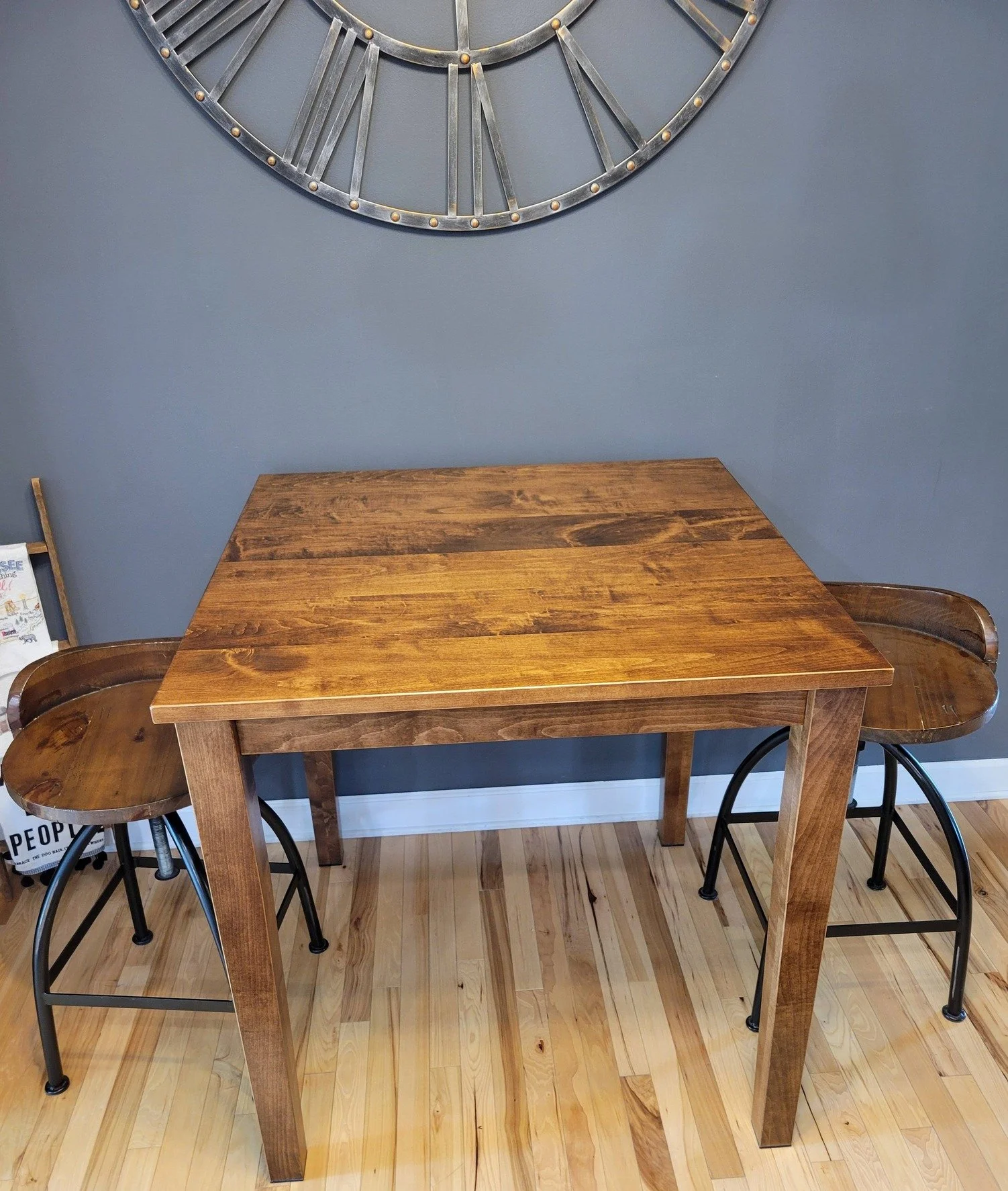 Custom bar height table.
This table is made of all solid maple and is stained to match some barstools that my client already had.