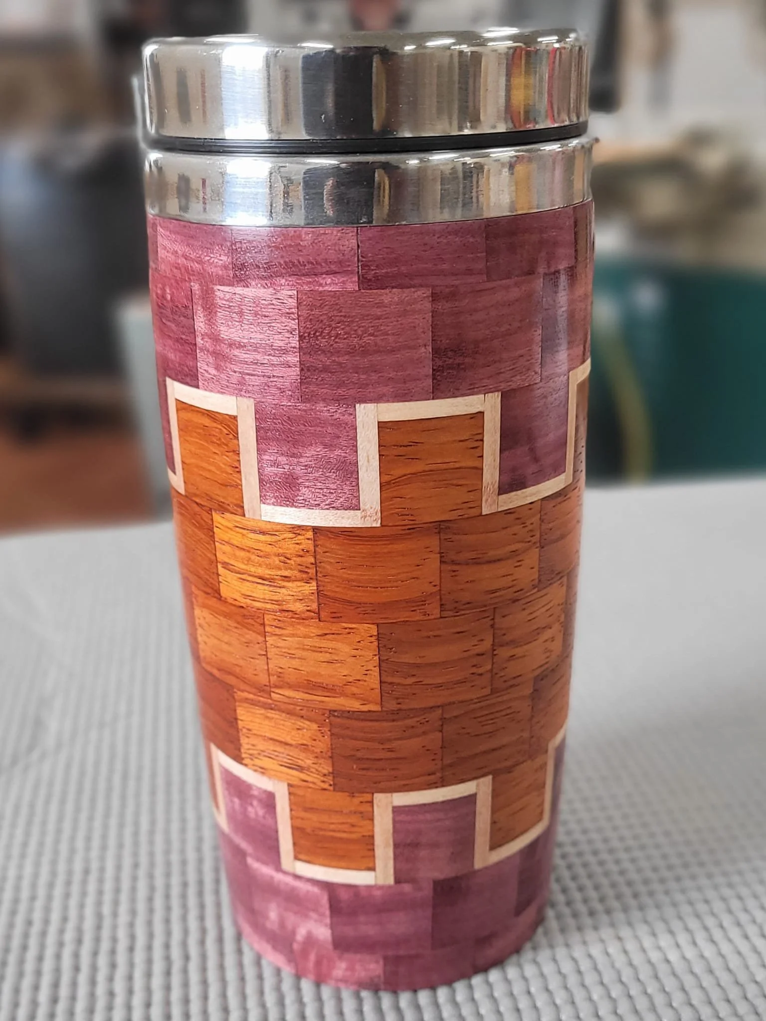 Purple heart, padauk and red oak travel mug