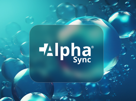 Alpha Sync logo with a background of floating blue bubbles.