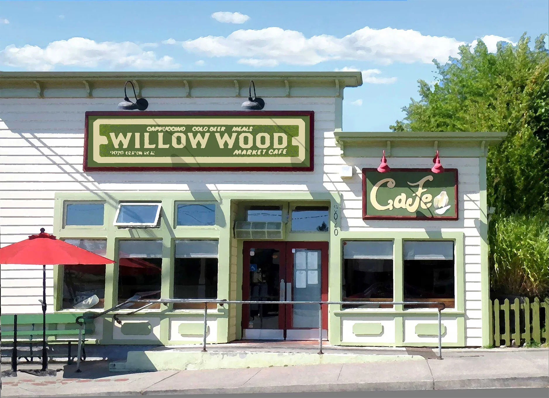 Front of a small cafe building with white siding and green trim, featuring two large signs: one with a green background and white text reading 'Willowwood Market Cafe' and another with a dark background and white text reading 'Cafe'. There is a red patio umbrella and some outdoor seating in front of the cafe.