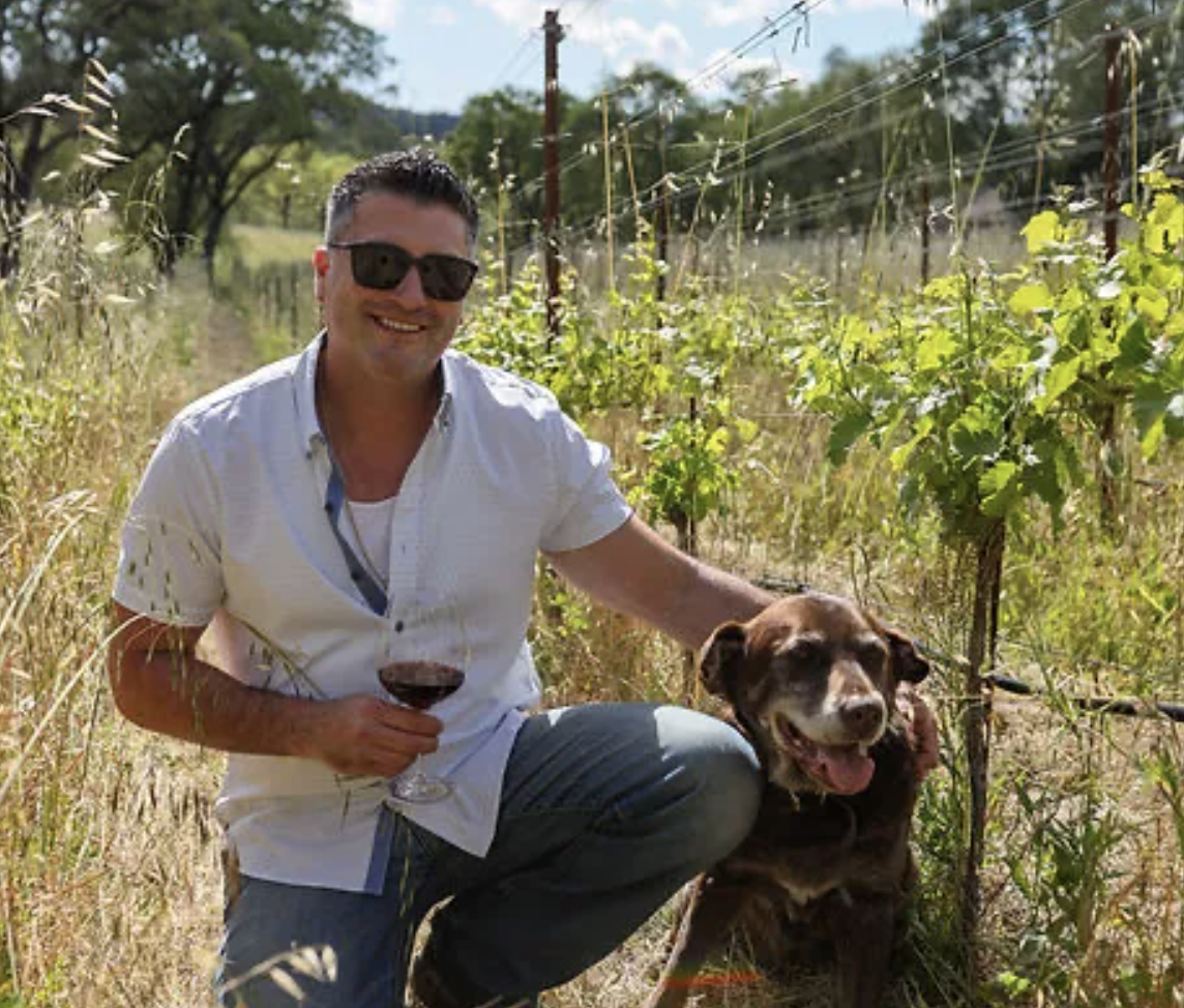 A man wearing sunglasses and a white shirt, holding a glass of red wine, kneels next to a happy brown dog in a vineyard on a sunny day.