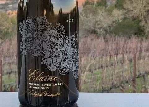 Close-up of a wine bottle labeled 'Elaine' from Russian River Valley, California Vineyard, vintage 2017, with vineyard landscape in the background.