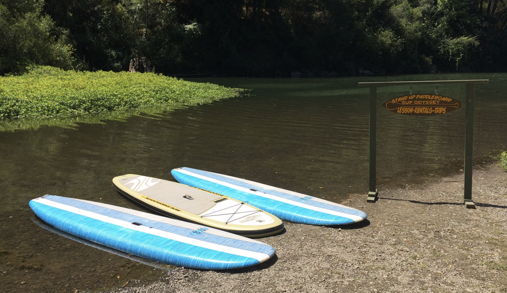 Three paddleboards are on a pebble beach beside a river, with a sign that reads 'Stand Up Paddleboard SUP Odyssey Lesson Rentals Trips,' surrounded by greenery and trees.