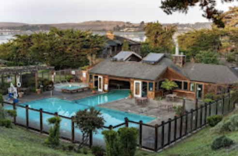 View of a house with a backyard pool area and fenced yard, surrounded by trees and greenery.