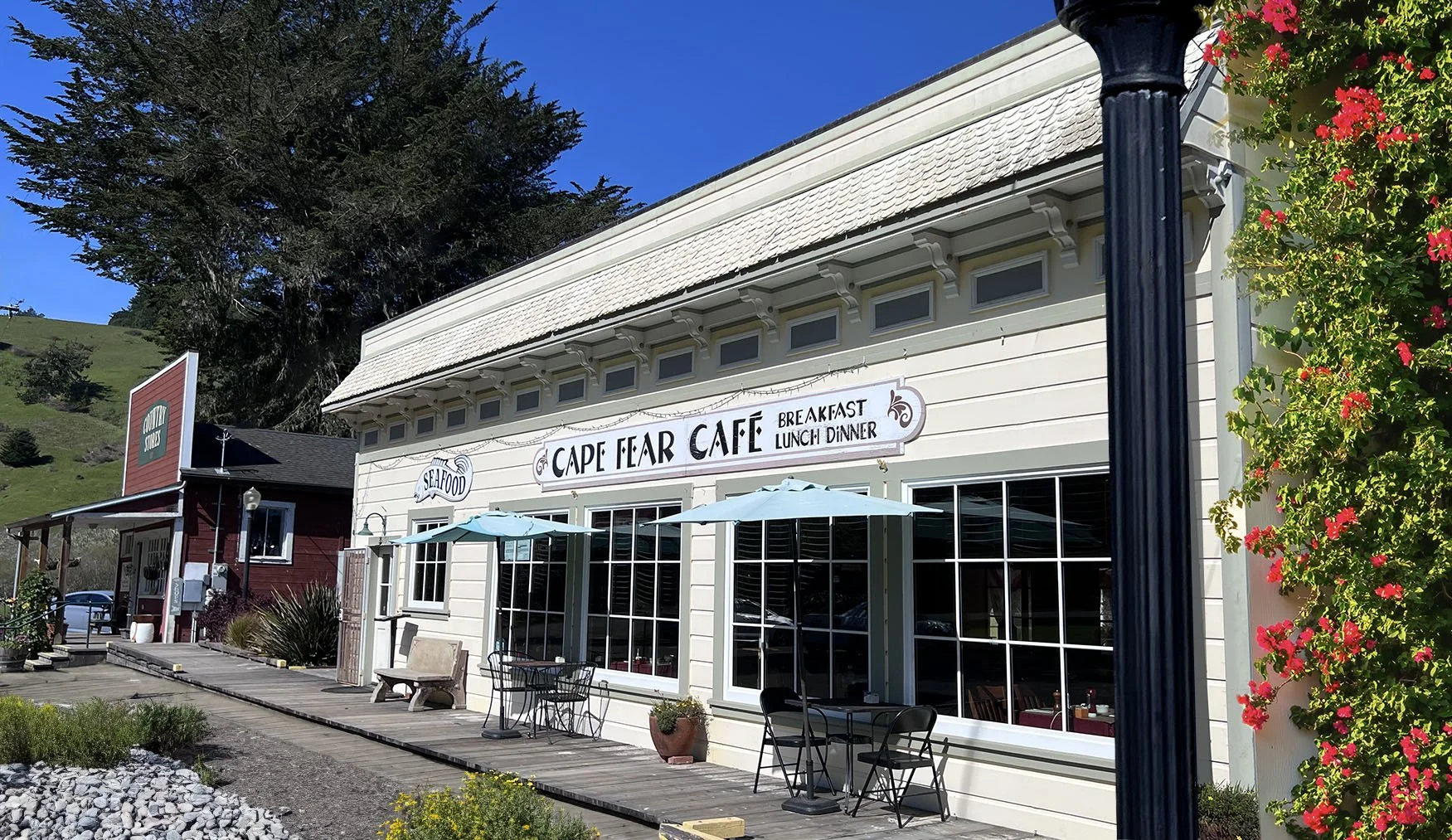 Exterior view of Cape Fear Café with outdoor seating and shop signs, located on a sunny street with greenery and a hillside in the background.