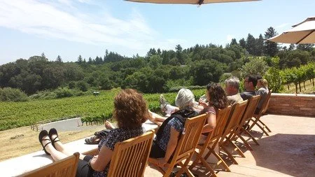 A group of people relaxing on a patio with wooden chairs overlooking a vineyard on a sunny day.
