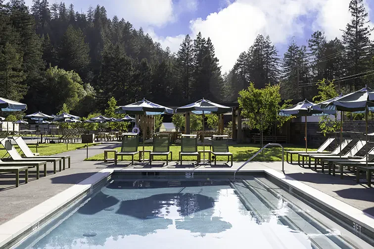 Empty swimming pool with lounge chairs and umbrellas outdoors surrounded by trees and a mountain backdrop.