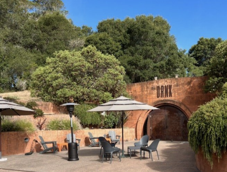 An outdoor patio area with tables, chairs, and umbrellas, surrounded by green trees and a brick tunnel labeled 'DARK'.