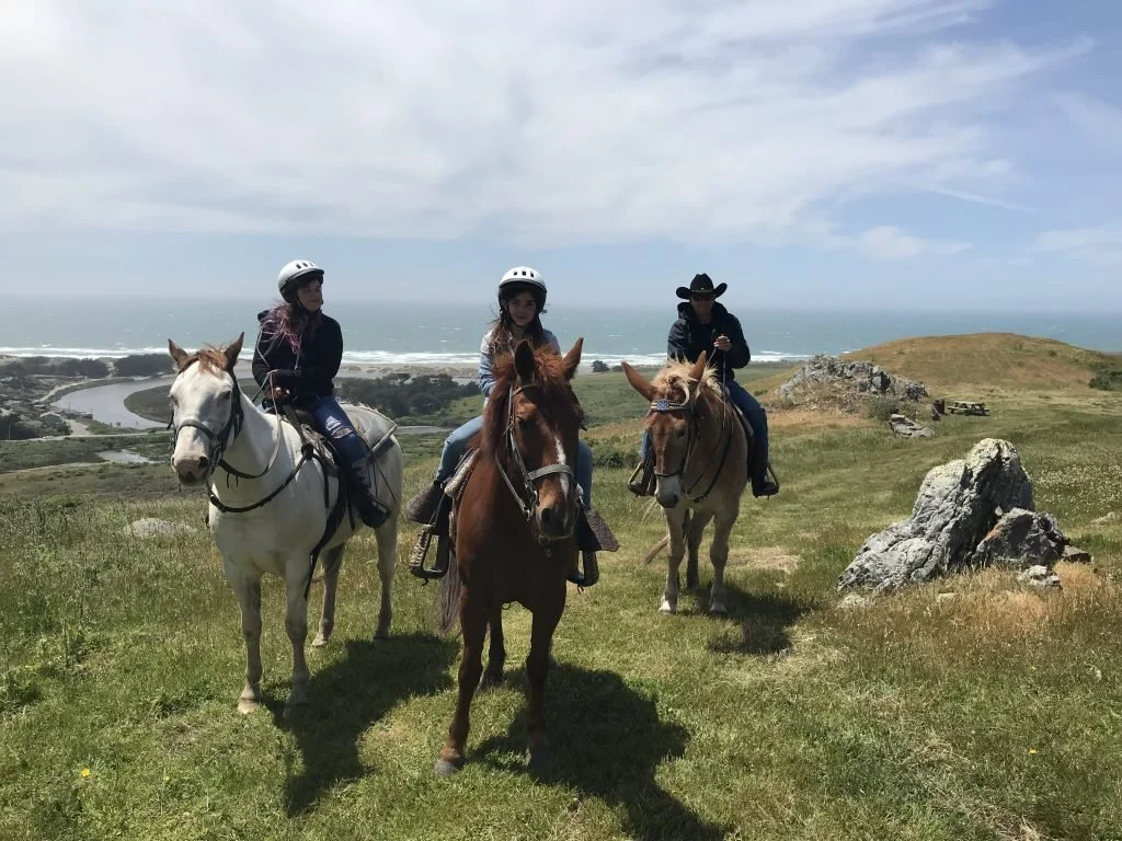 Three people riding horses on a grassy hilltop with rocks, overlooking a river, ocean, and cloudy sky.