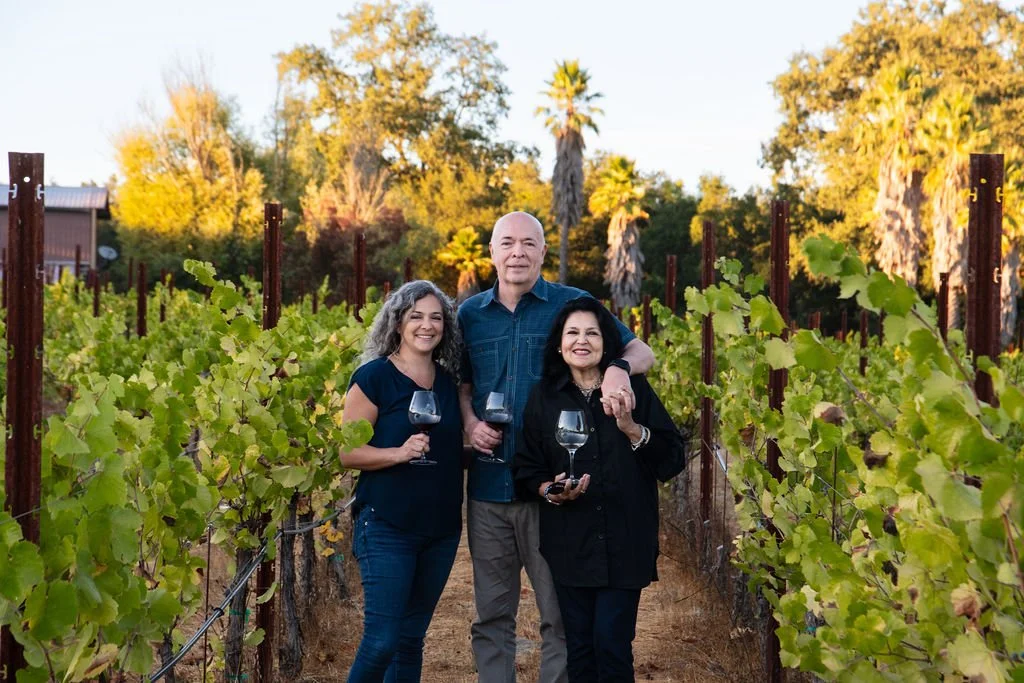 Three people standing in a vineyard holding glasses of red wine, smiling at the camera, with trees and a blue sky in the background.