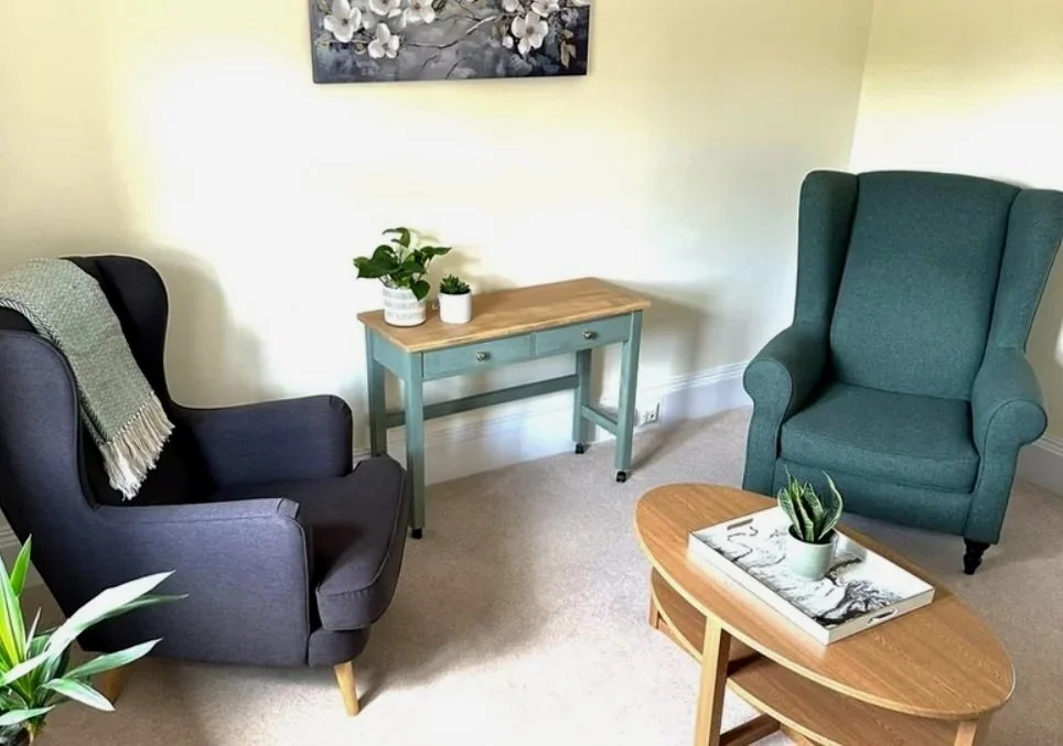 A cozy living room corner with two armchairs, one black with a green throw blanket, and a teal one. A small wooden side table holds plants, a framed picture, and a coffee table in the foreground has a potted plant and a magazine.
