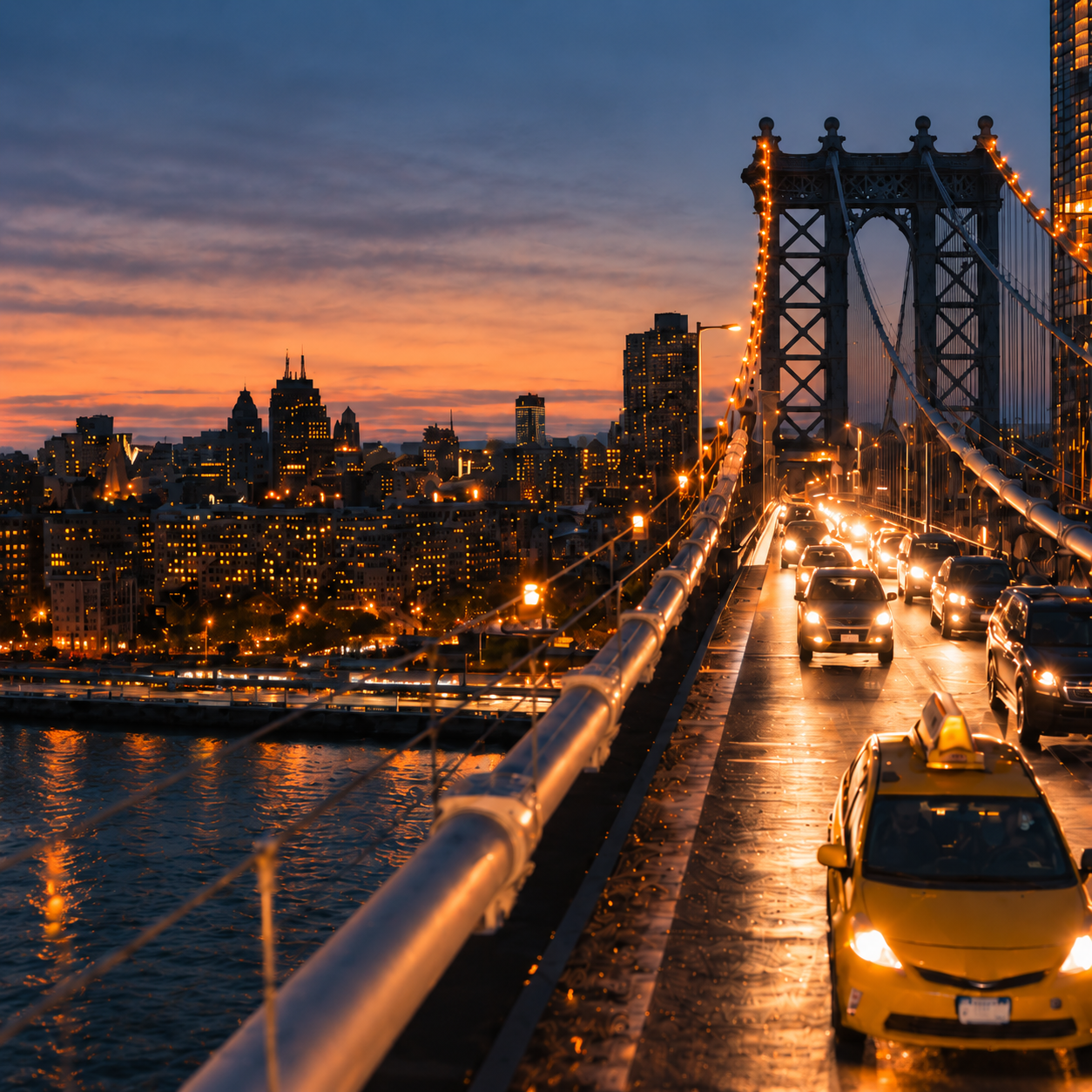New York City skyline and Manhattan Bridge at dusk