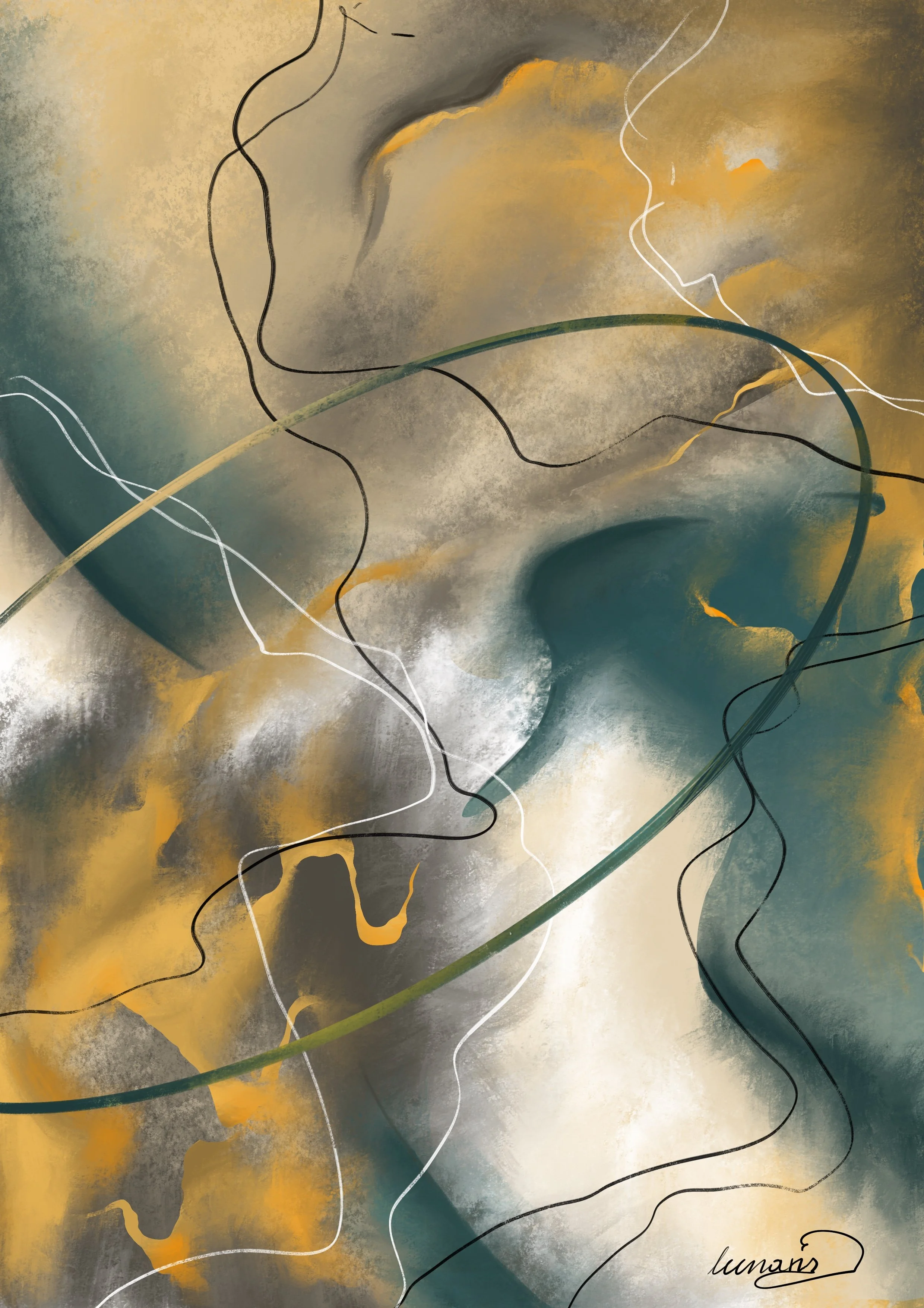 Abstract digital art piece featuring soft washes of muted yellow, gray, teal, and black with delicate, flowing white and black line drawings resembling human profiles and facial features, signed by artist 'Luman'.