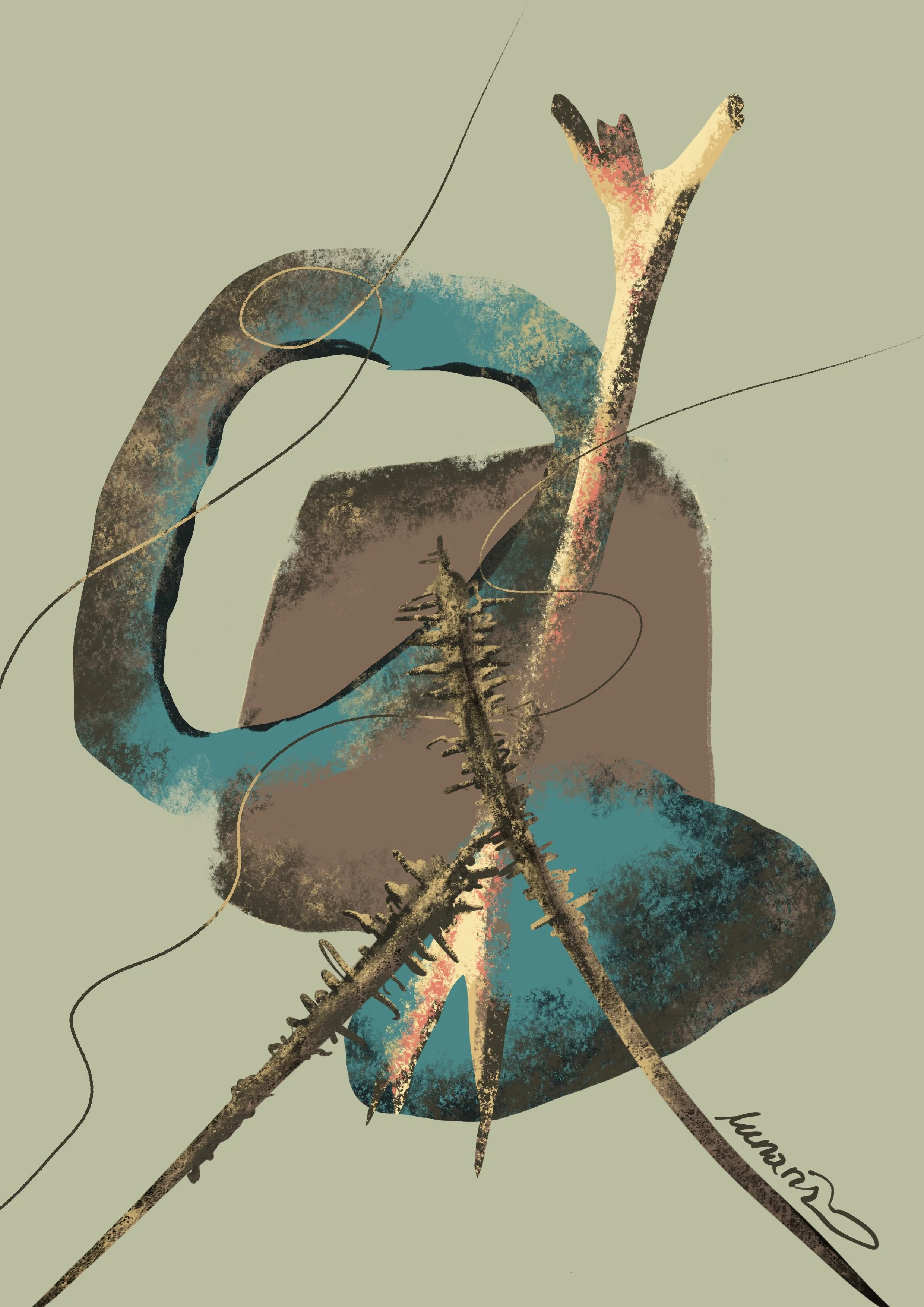 Abstract illustration of a bird with a long beak, sitting on a branch, with a plain light green background.