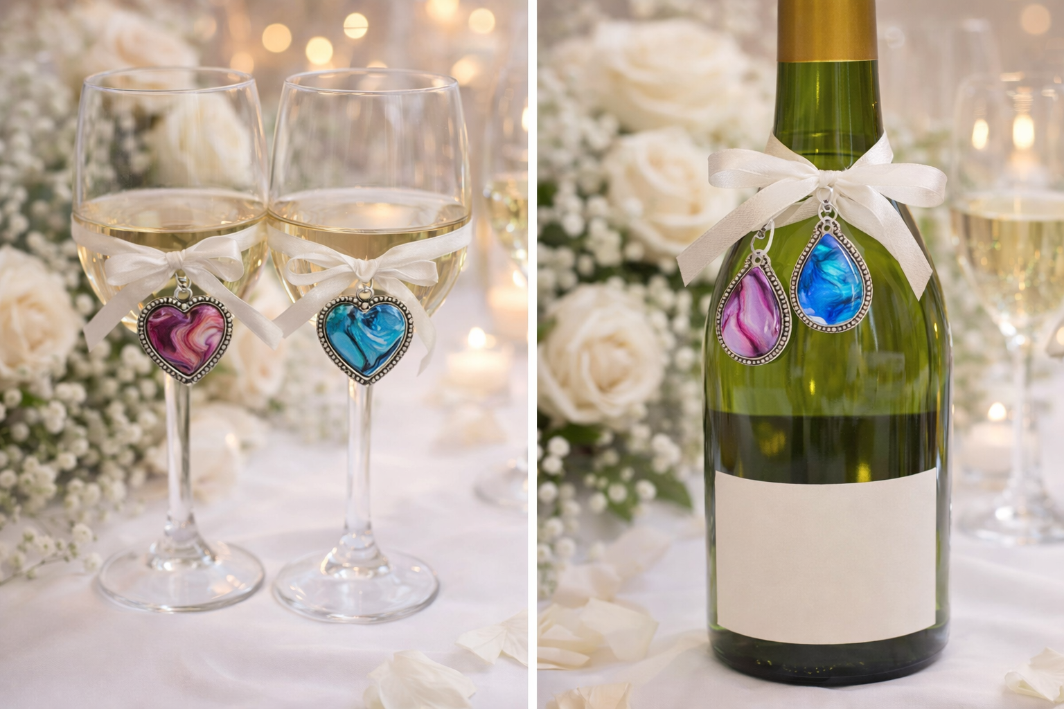 Two champagne flutes with heart-shaped charms hanging from white ribbons around the stems, set on a table decorated with white roses and baby's breath, with a blurred warm background. Next to the flutes, a green wine bottle with two matching heart-sh