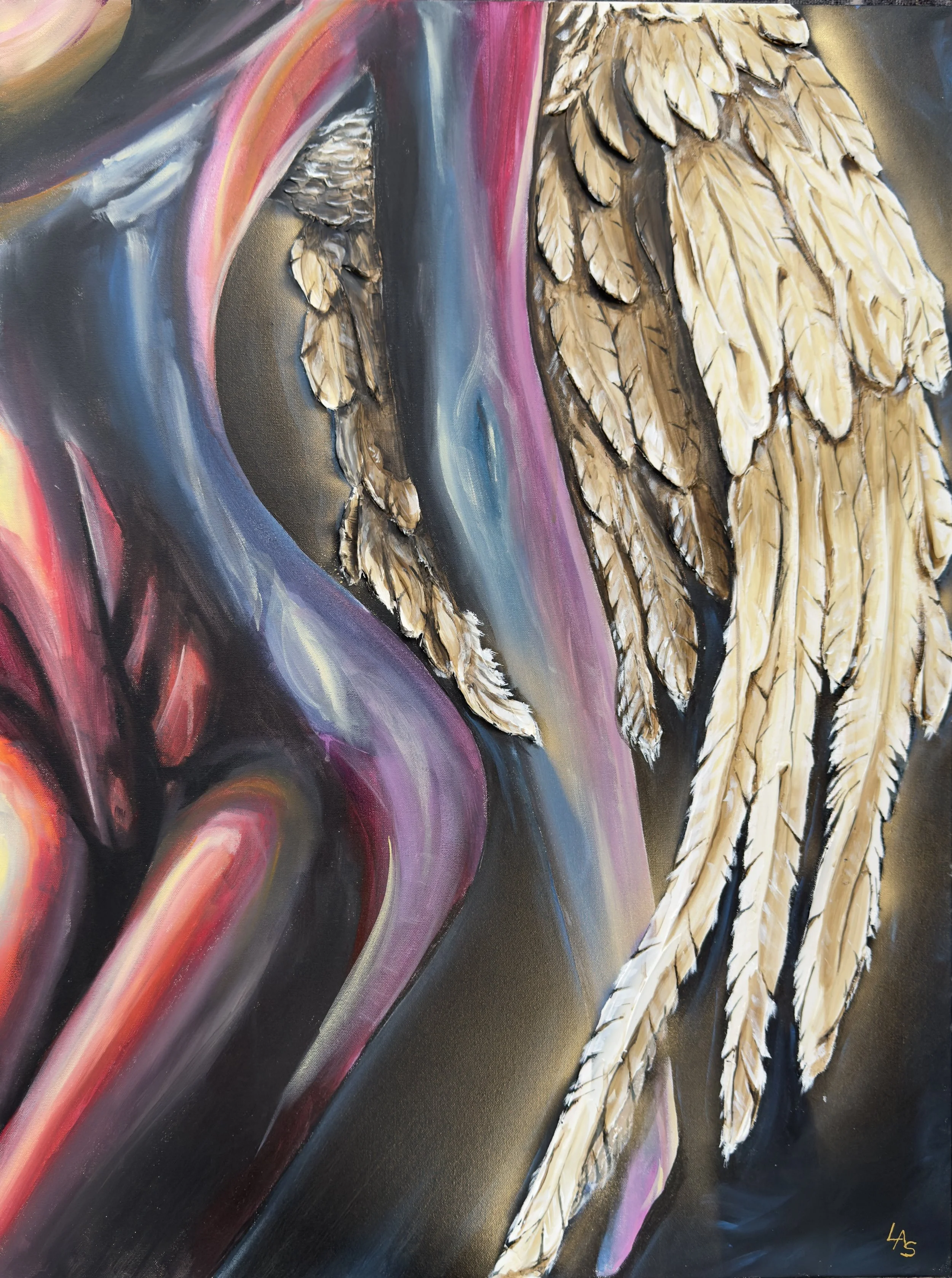 Abstract painting featuring a large, detailed feather on the right side, with swirling multicolored background in shades of pink, purple, blue, and black.