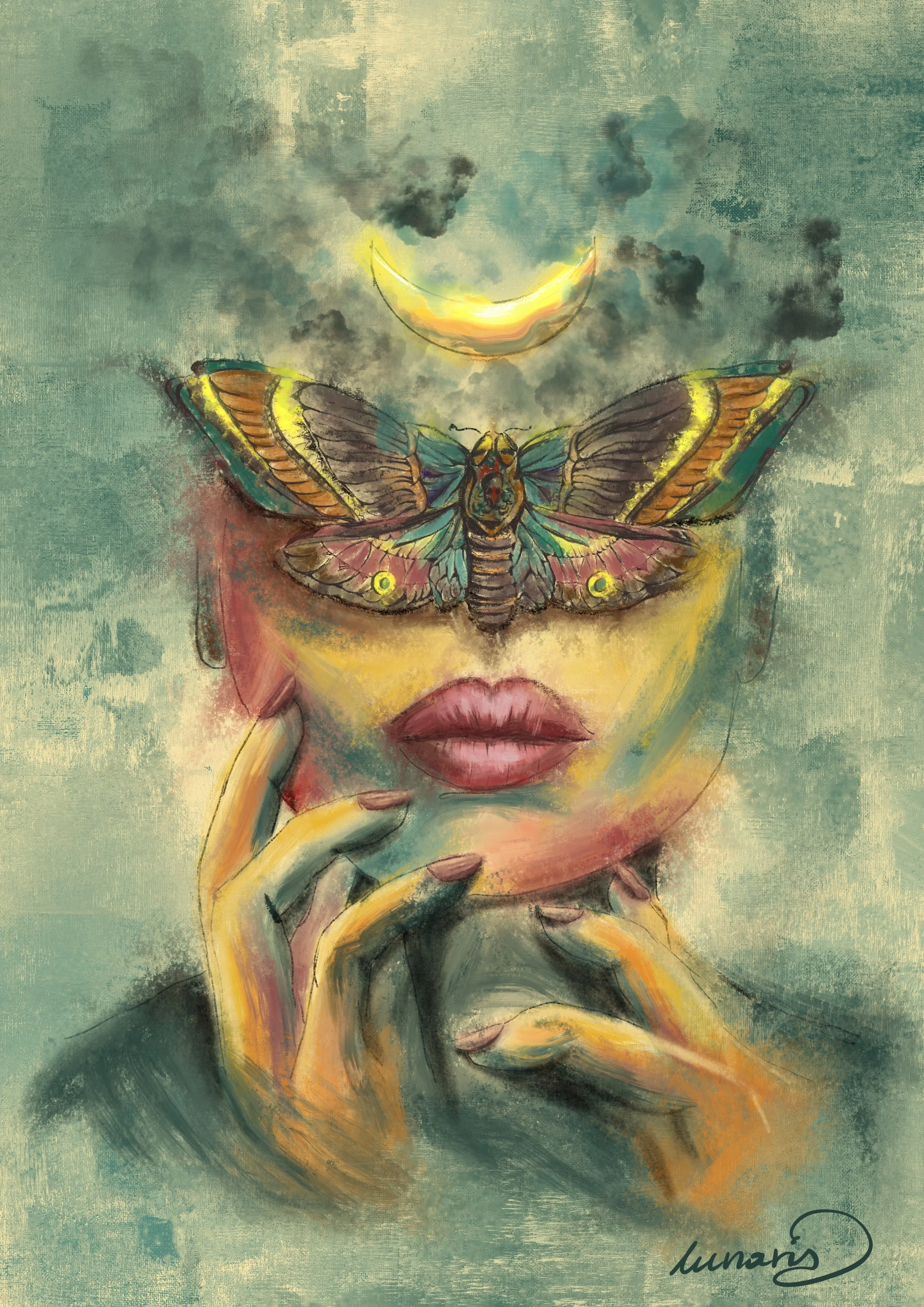 Digital artwork of a woman with her face partially obscured, holding her chin with her hand. A moth is perched on her forehead, and a crescent moon appears above her head. The artwork features muted green and yellow tones, with abstract background te