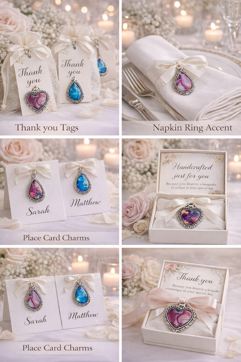Decorative thank you tags, napkin ring with heart-shaped charm, place card with teardrop charm labeled Sarah and Matthew, handcrafted heart-shaped keepsake in a box with a thank you card, floral and candle background.